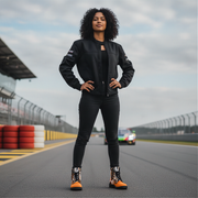 Woman in black jacket and pants standing on a race track with a cloudy sky wearing a checkered pattern orange boots