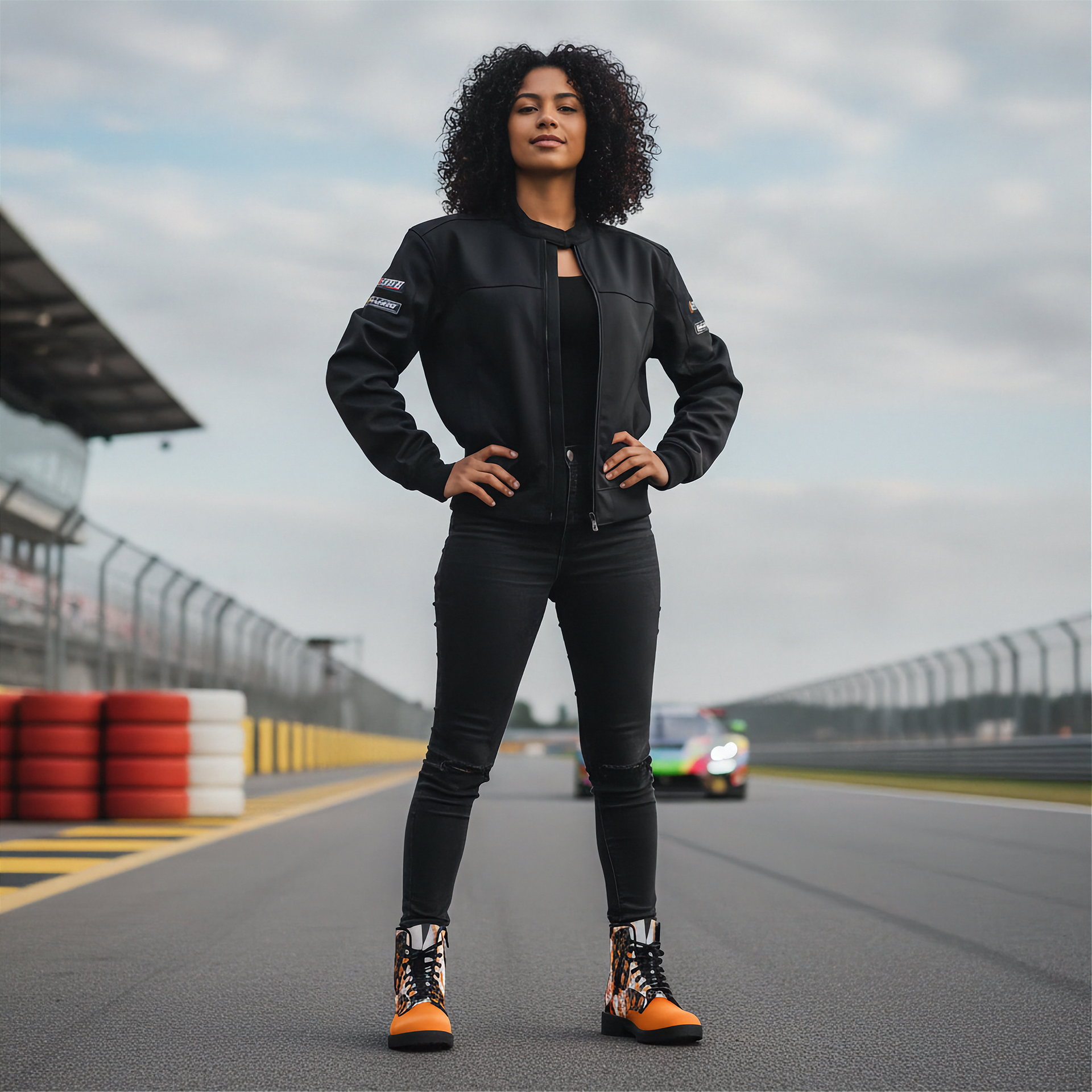 Woman in black jacket and pants standing on a race track with a cloudy sky wearing a checkered pattern orange boots