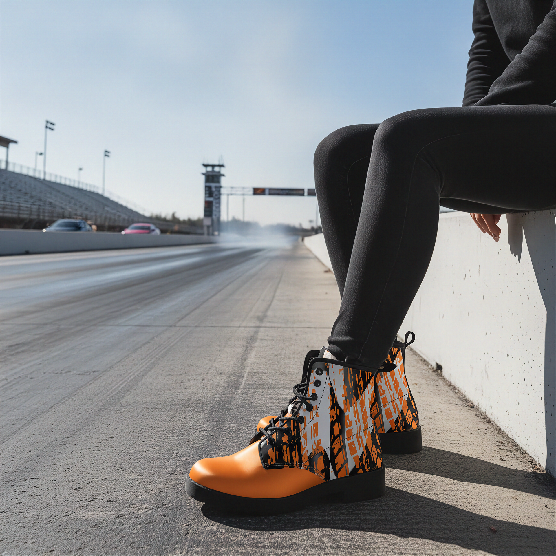 Woman sitting in a drag track wearing a checkered pattern orange boots