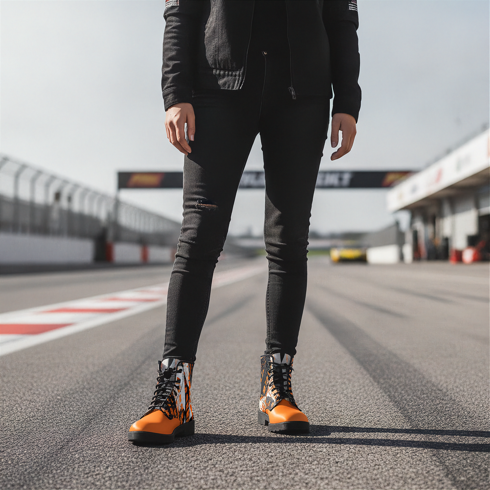 Woman in a race track wearing a checkered pattern orange boots