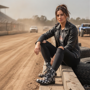 Woman in leather jacket and checkered boots sitting on a wooden beam with a dirt track and vehicles in the background