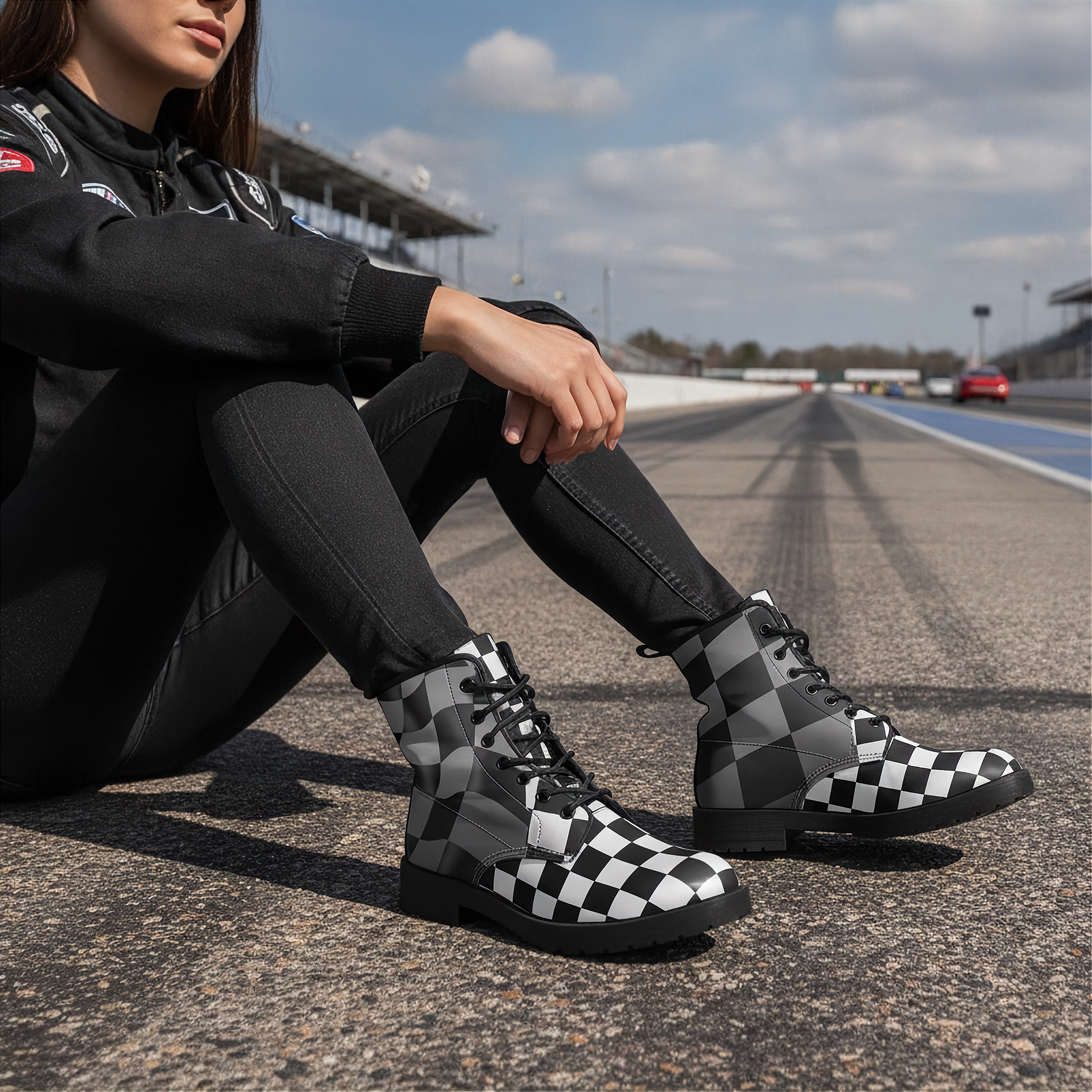 Person sitting on a race track wearing checkered boots