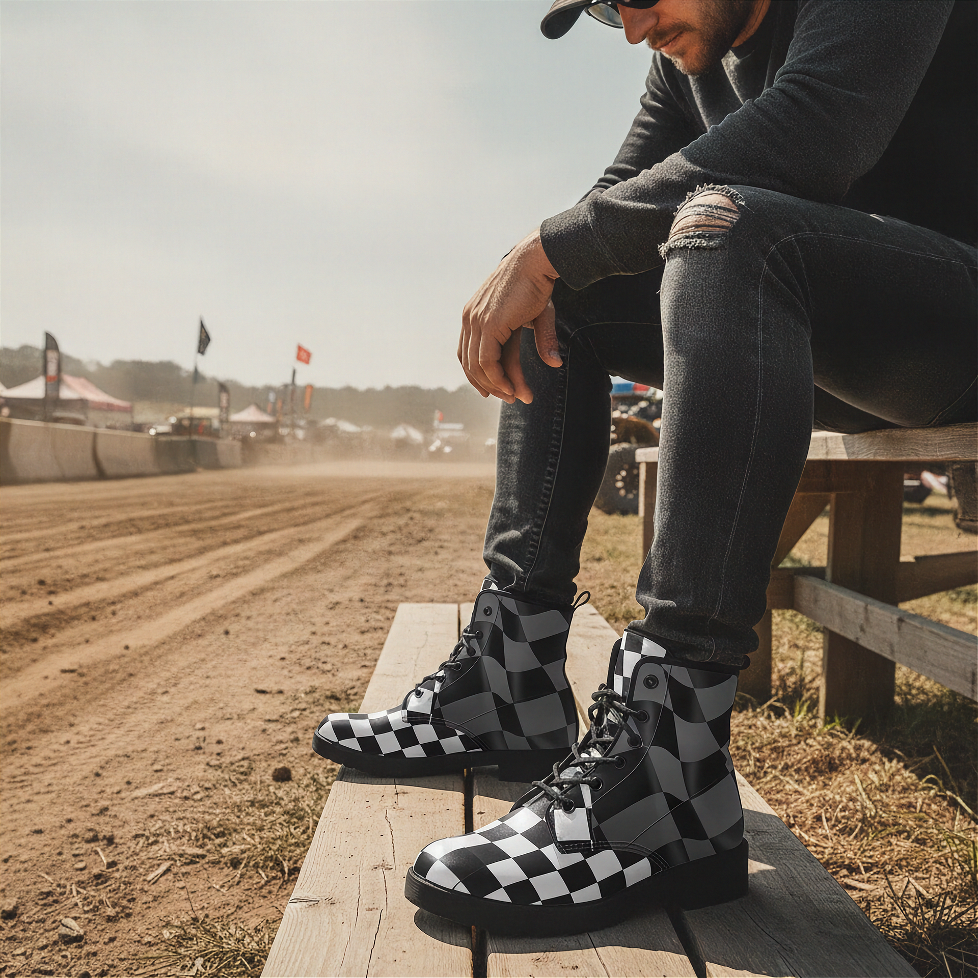 man sitting on a wooden bench at a race track wearing checkered boots.