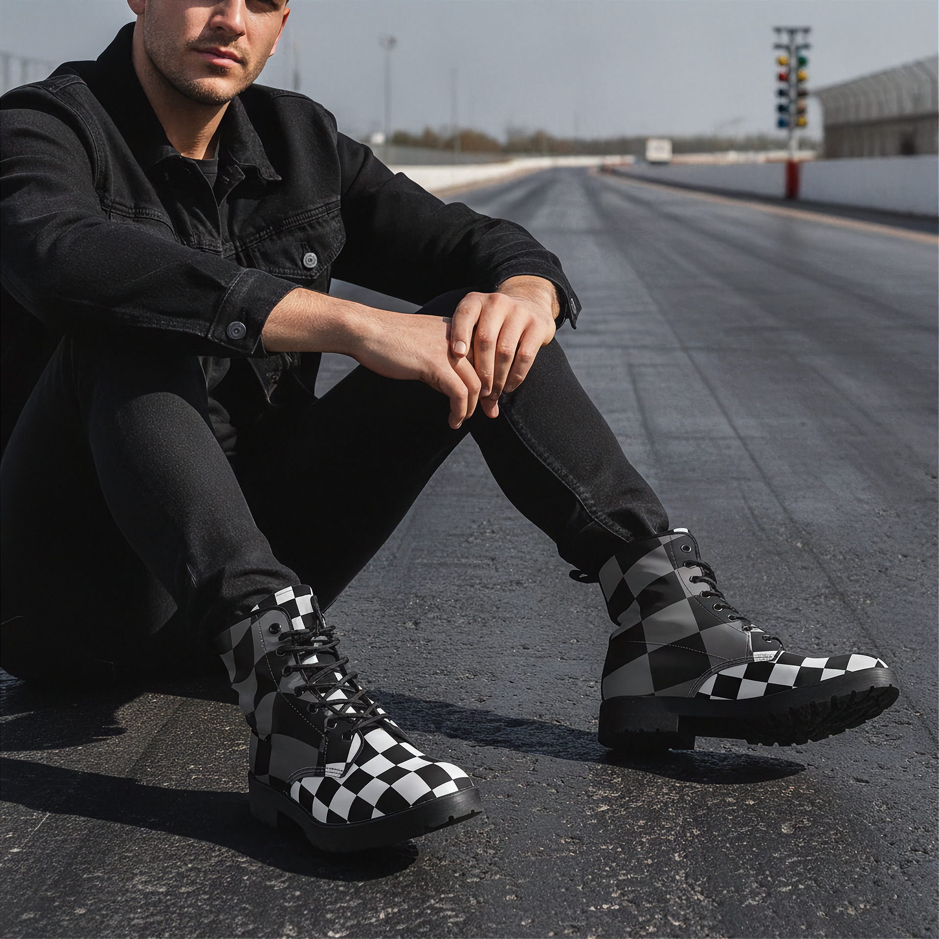 Man sitting on a road wearing black and white checkered shoes and socks.