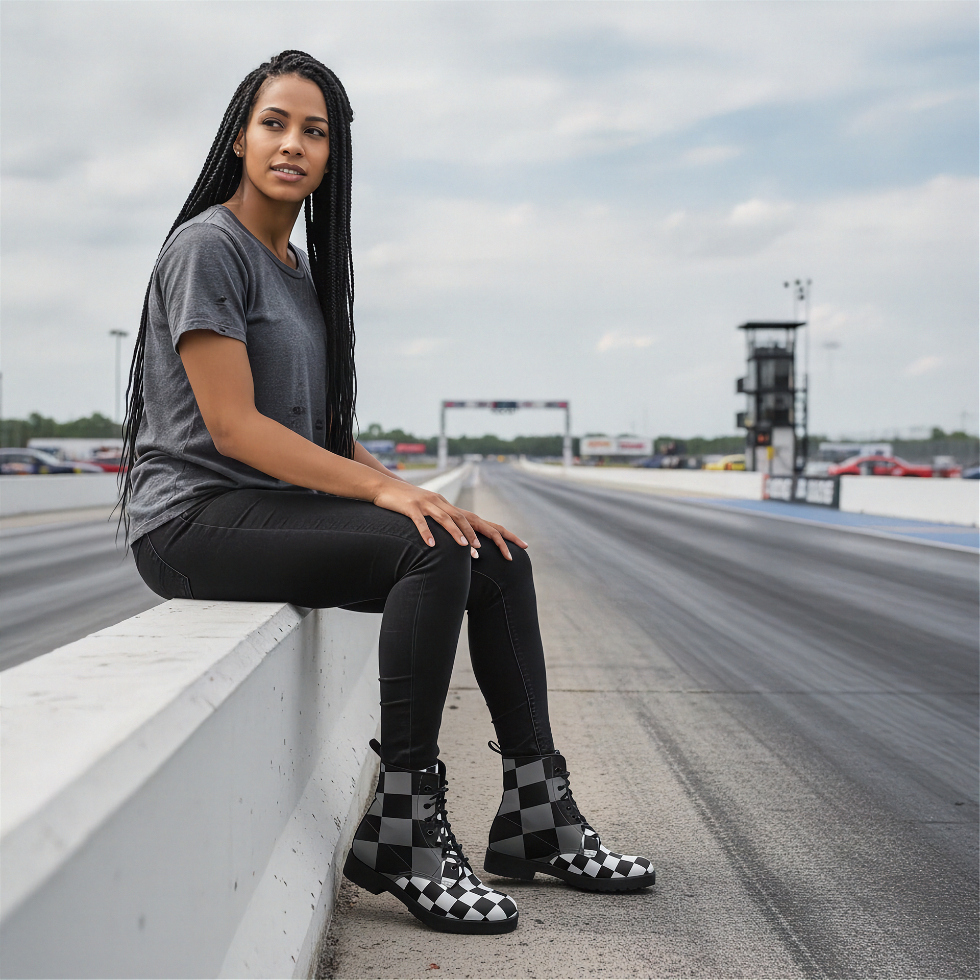 Woman sitting on a barrier at a race track wearing checkered boots.