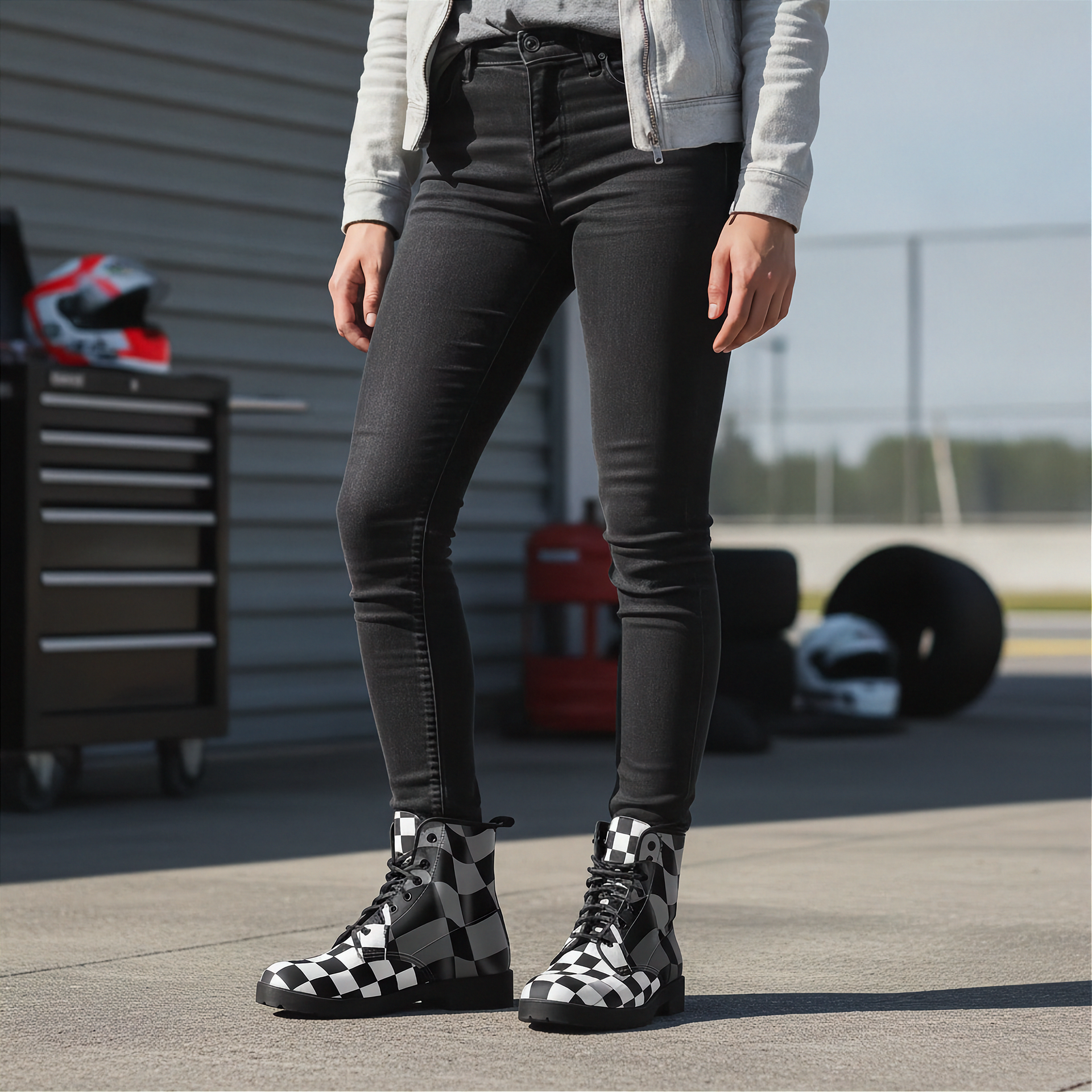 Woman wearing black checkered boots in a garage setting