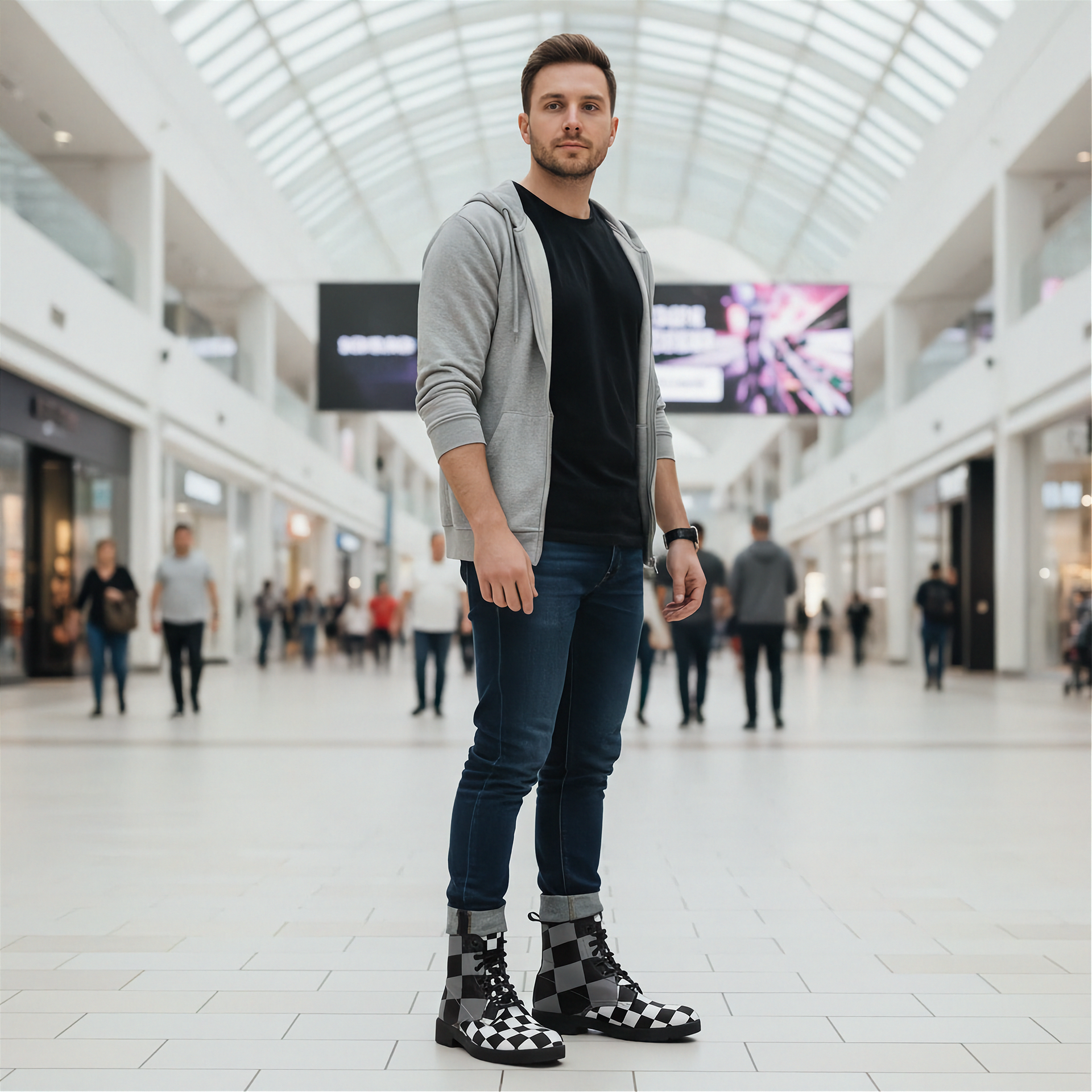 Man standing in a modern mall wearing a gray cardigan, black shirt, blue jeans, and checkered boots.