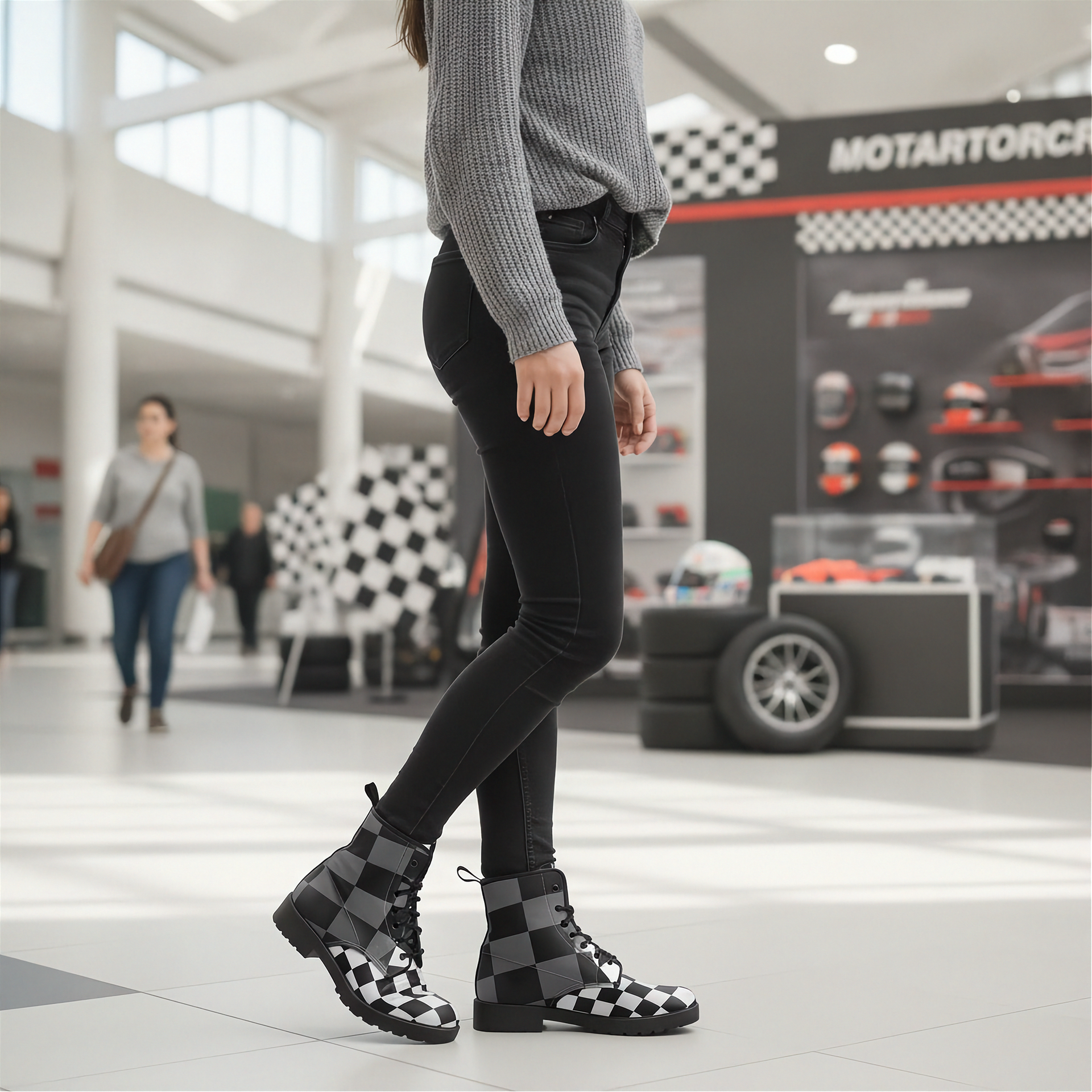 Person wearing black checkered boots in a store setting