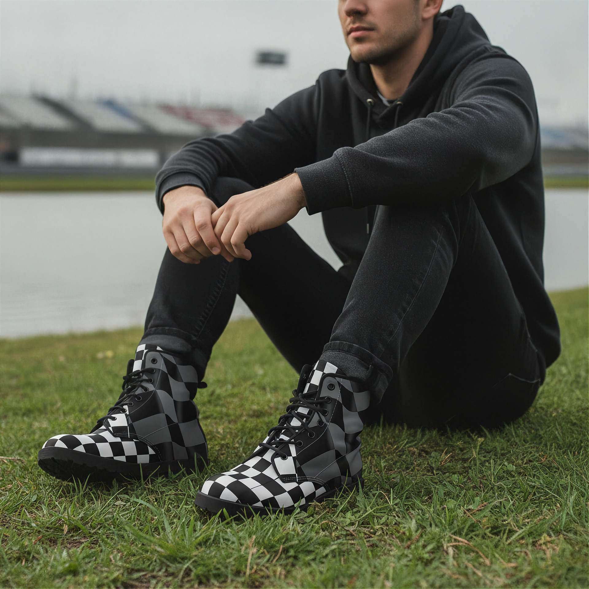 Man wearing black and white checkered boots sitting on grass by a lake.