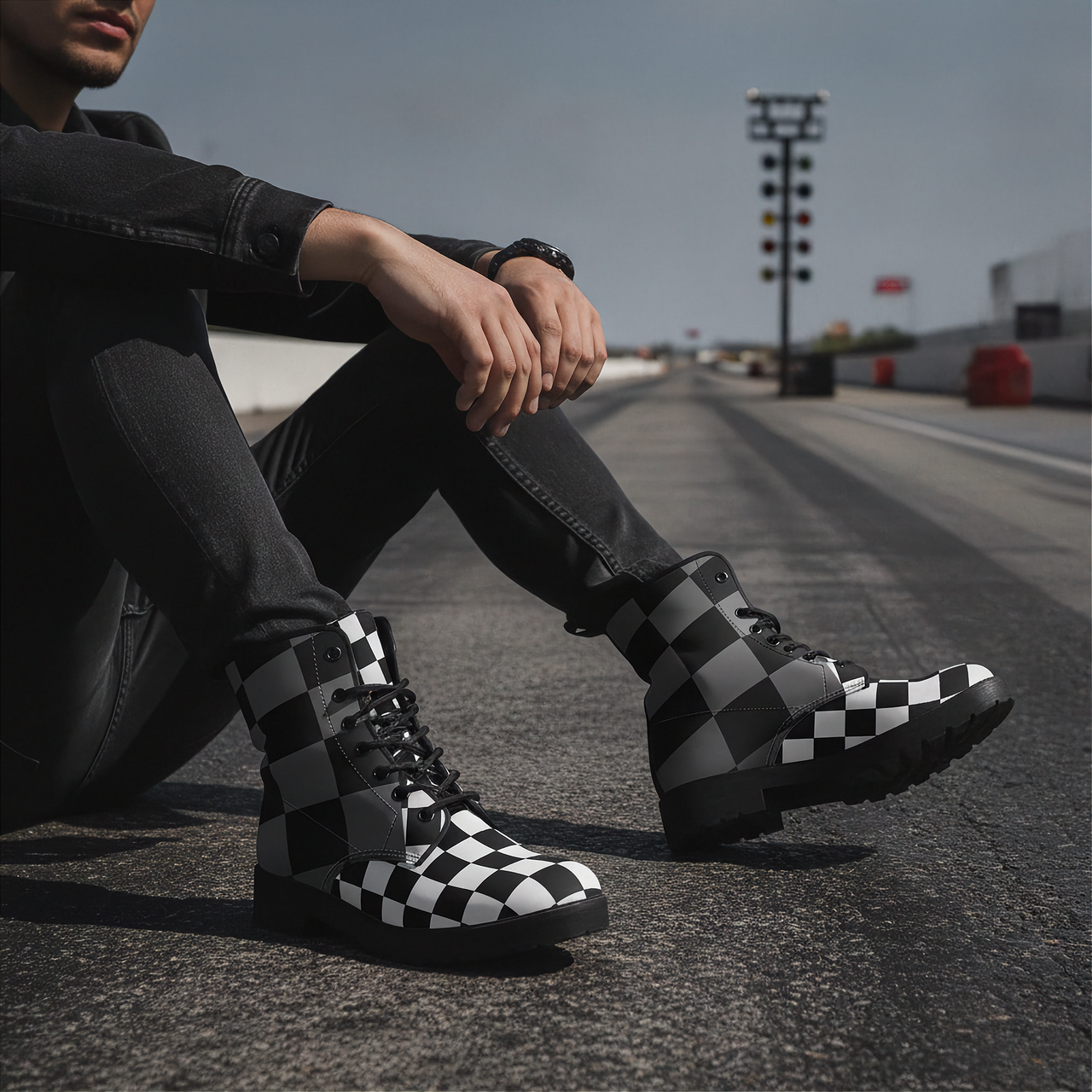Man wearing checkered boots sitting on a road with a blurred background