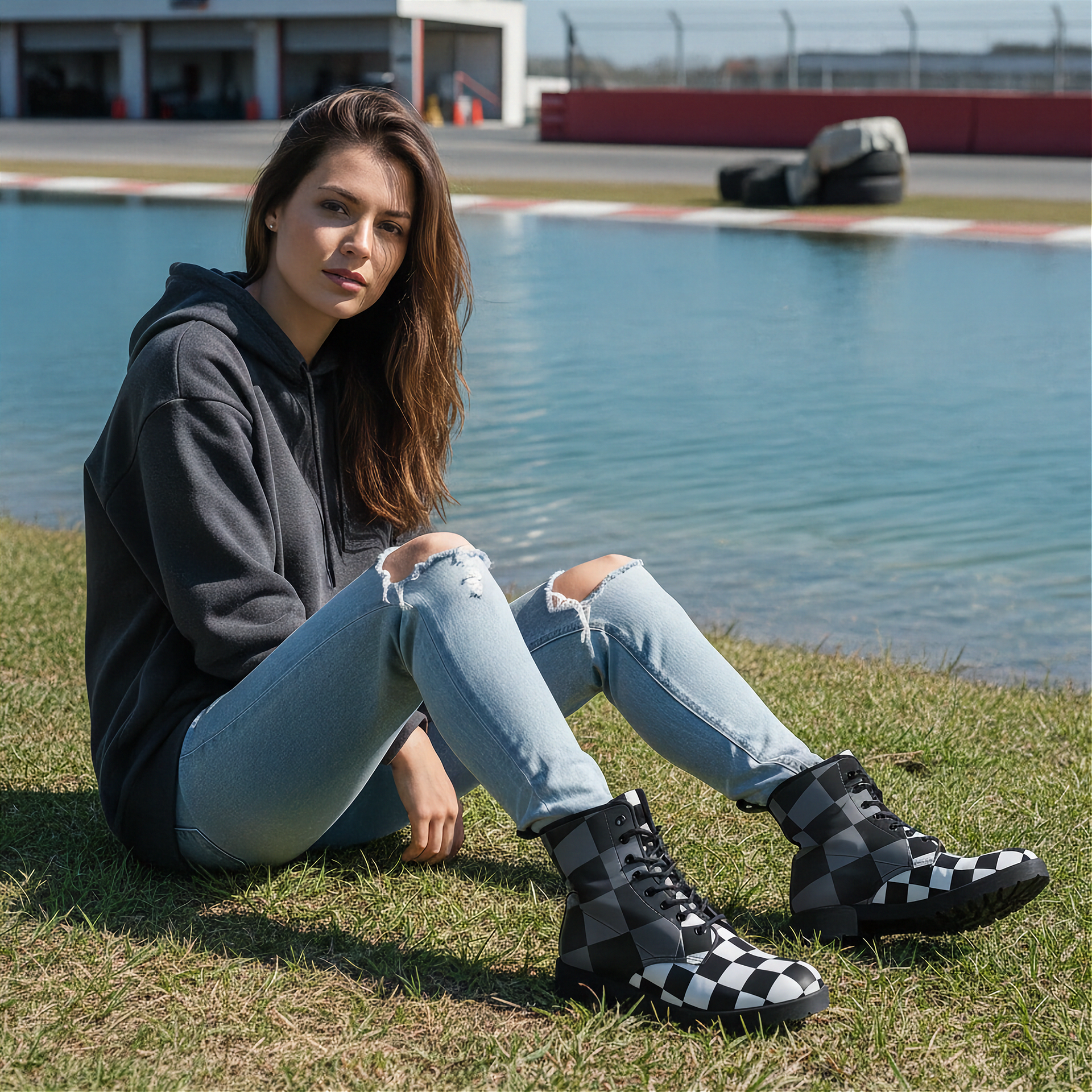 Woman sitting on grass by a lake wearing checkered boots