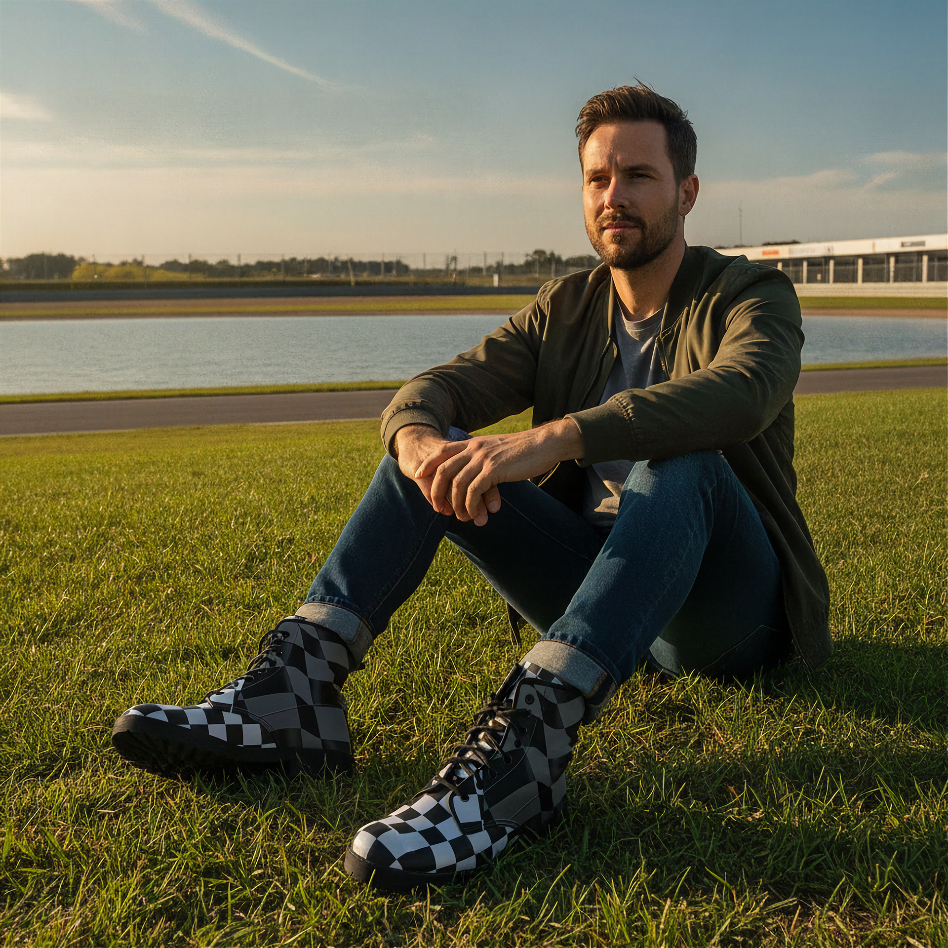 Man sitting on grass wearing checkered boots with a lake and sky in the background