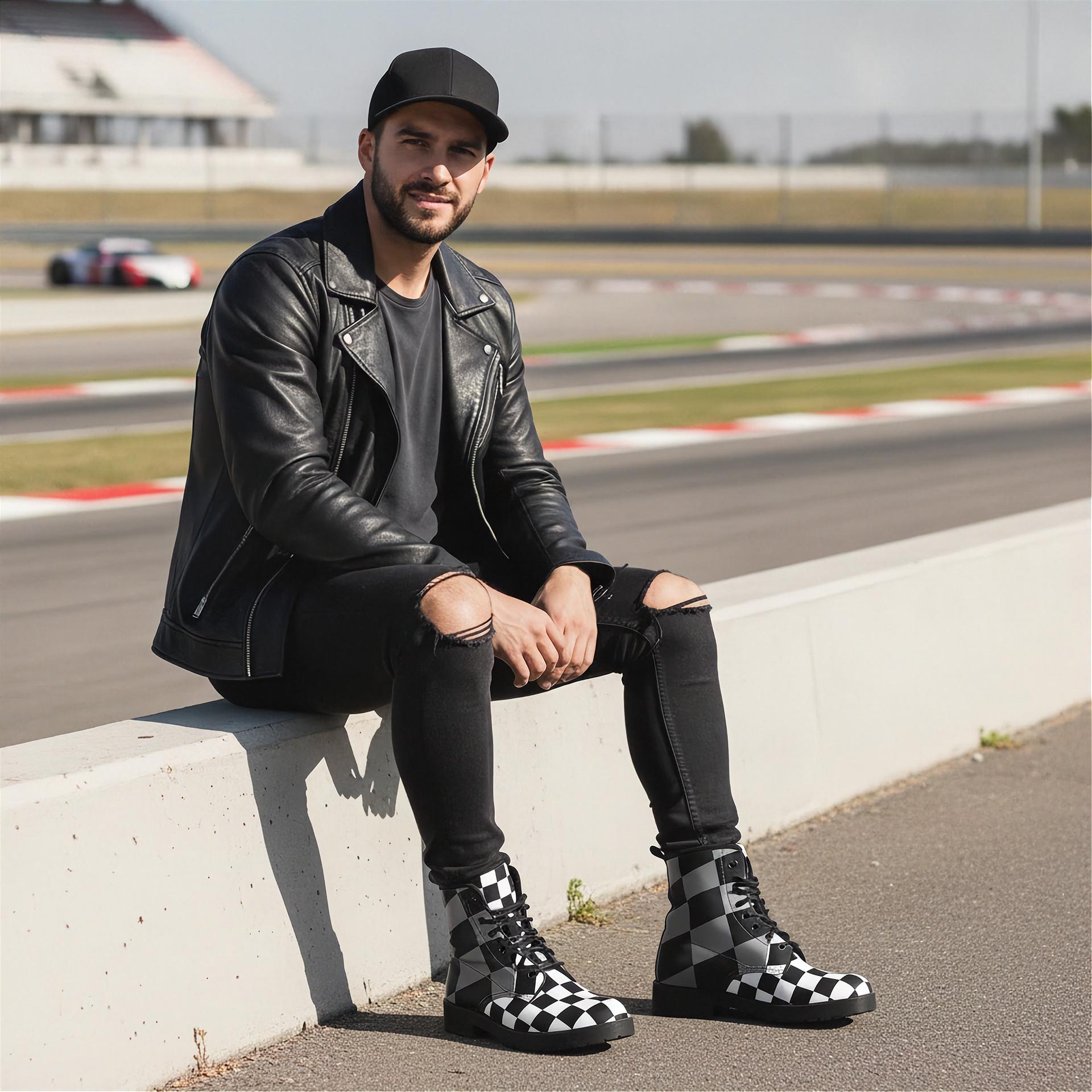 Man sitting on a race track wearing black leather jacket, jeans, and checkered boots.