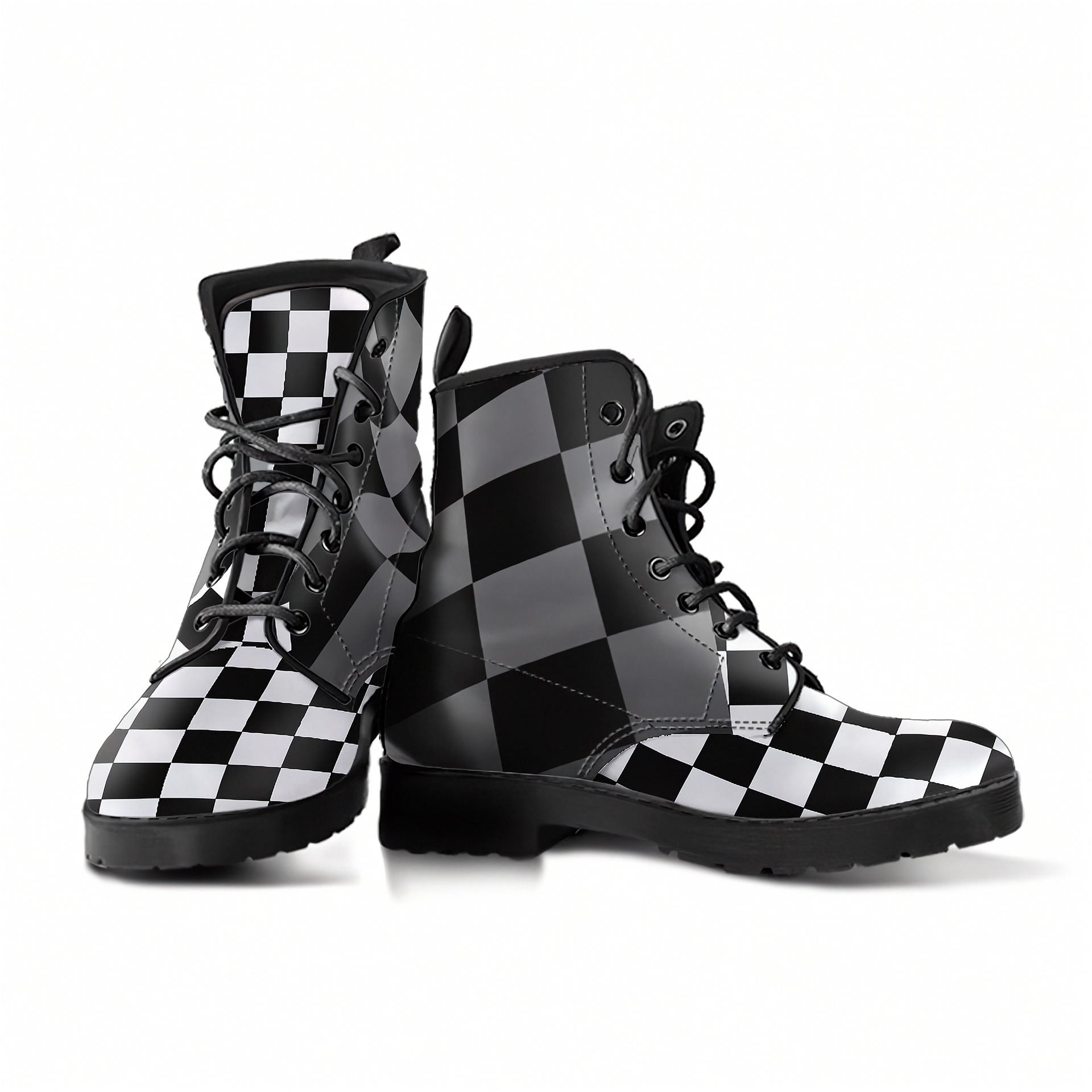 Black and white checkered boots on a white background
