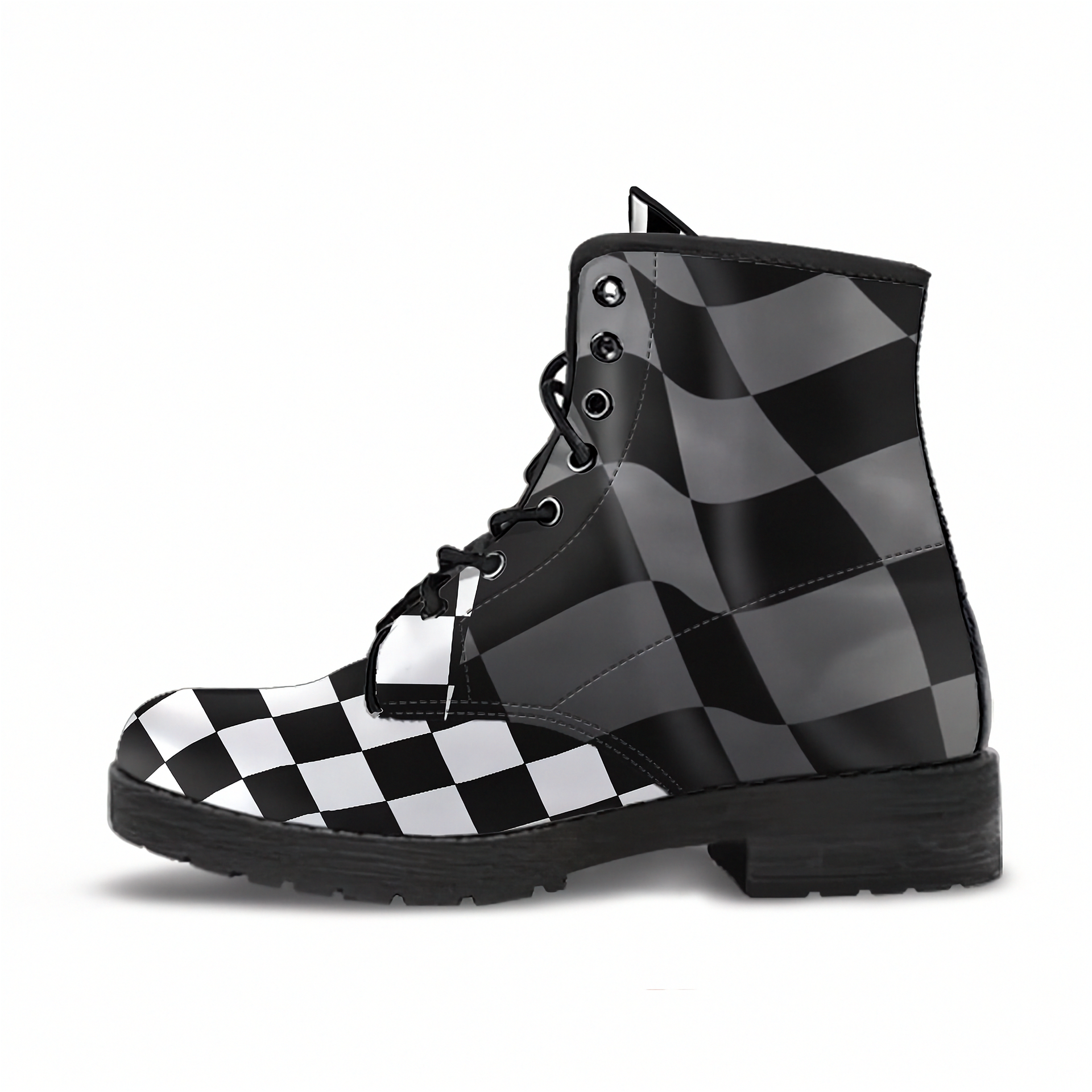 Black and white checkered boots on a white background
