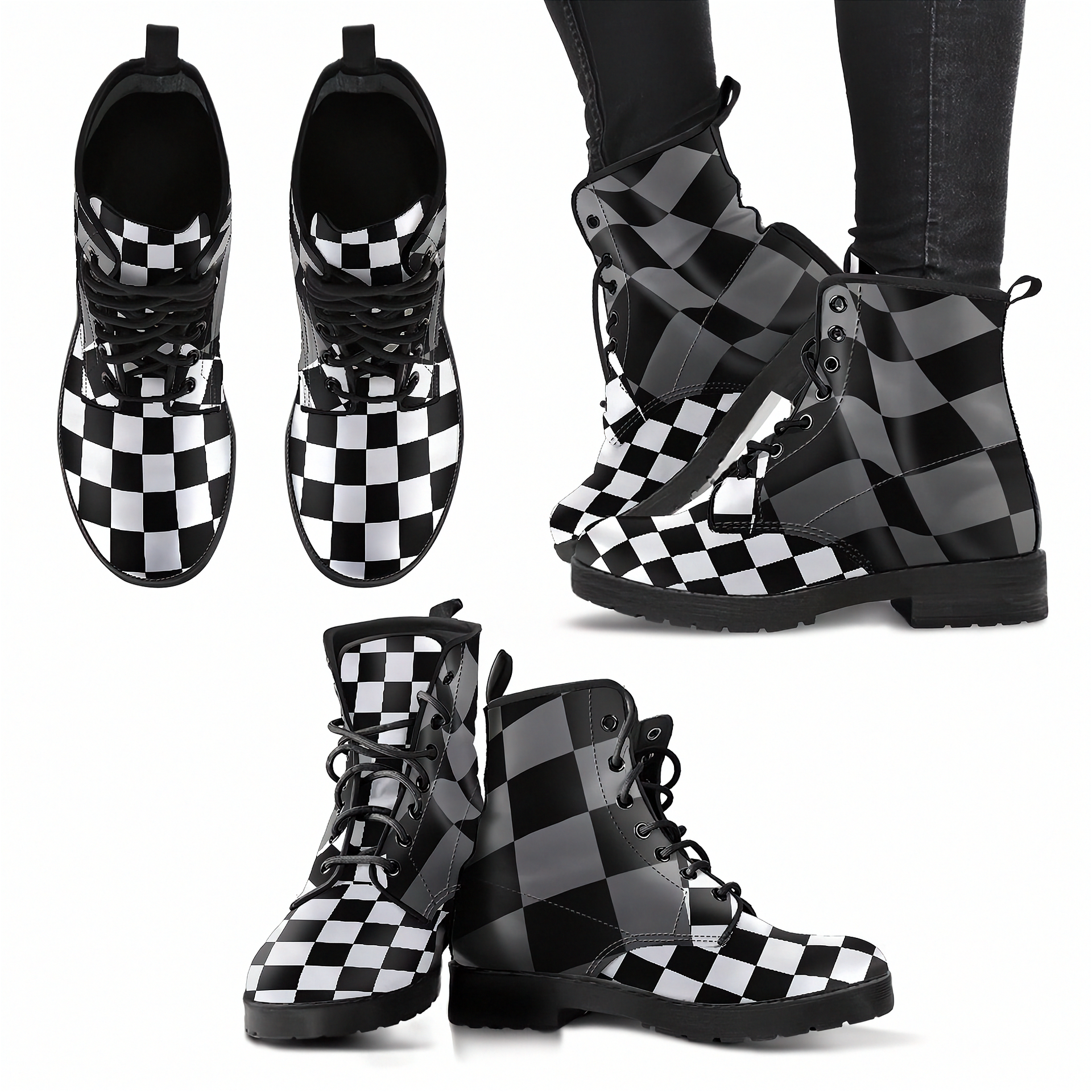 Black lace-up boots with intricate patterns on a white background