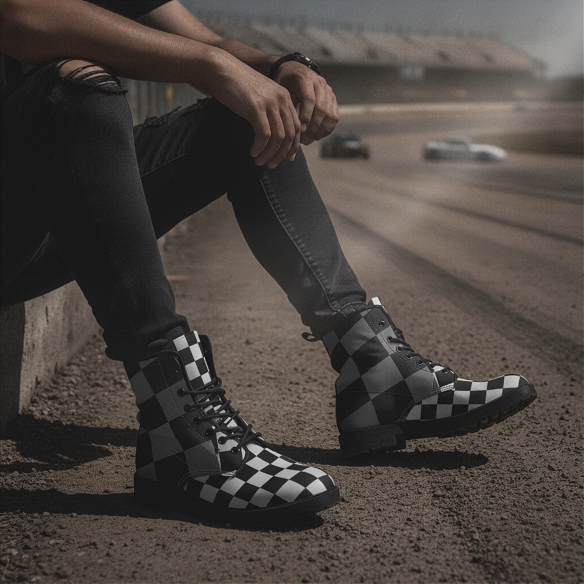 Man wearing checkered boots sitting on a race track with cars in the background
