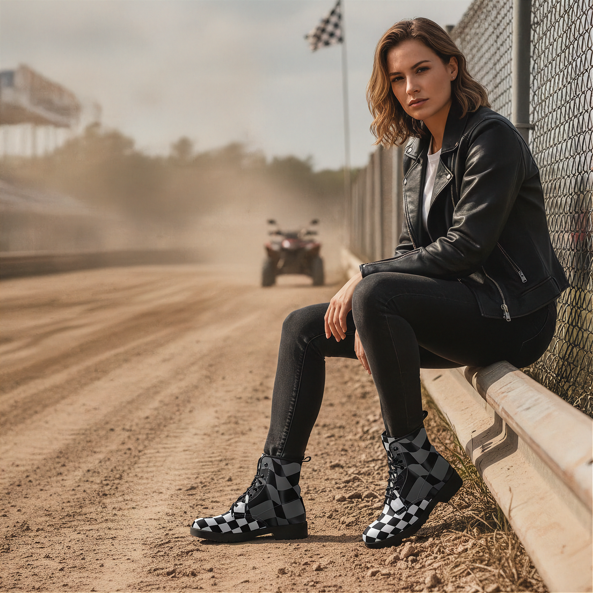 Woman wearing checkered boots sitting on a guardrail by a dirt track with a blurred ATV in the background