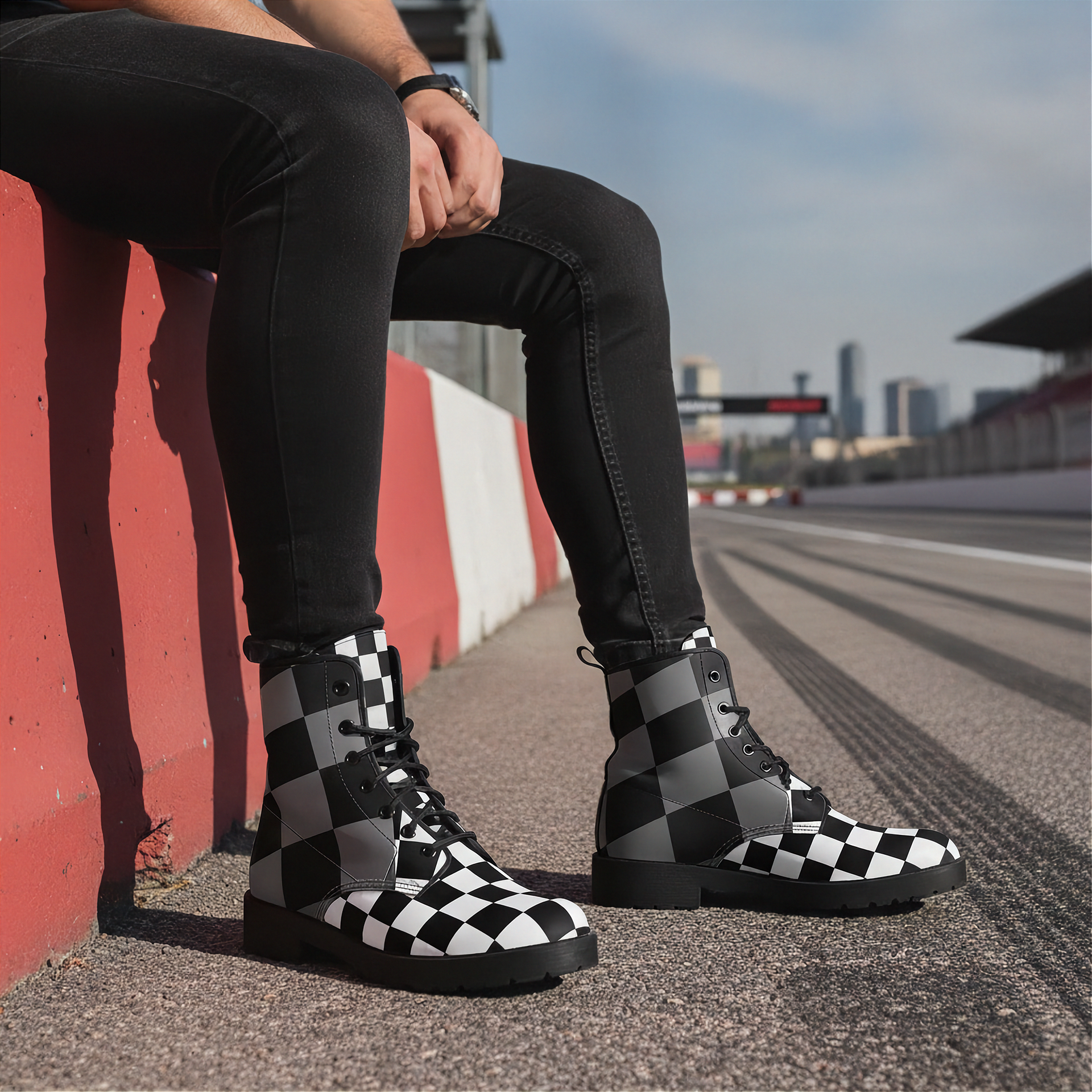Woman wearing checkered boots sitting on a red wall with a race track and cityscape in the background.