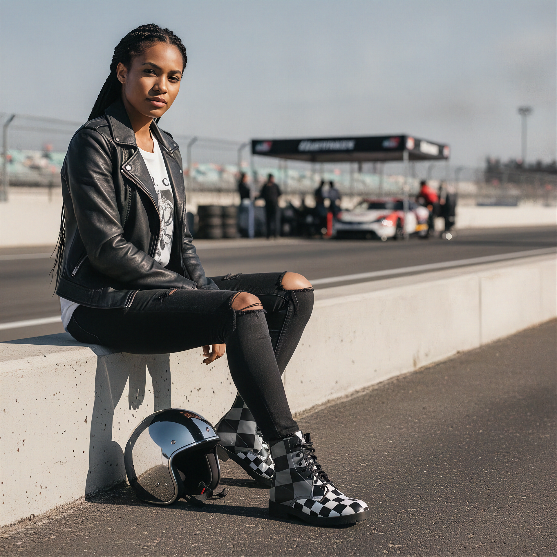 Woman sitting on a race track with a helmet and checkered boots, with a race car in the background.
