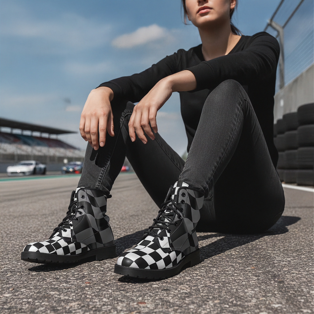 Woman wearing checkered boots sitting on a race track with tires in the background