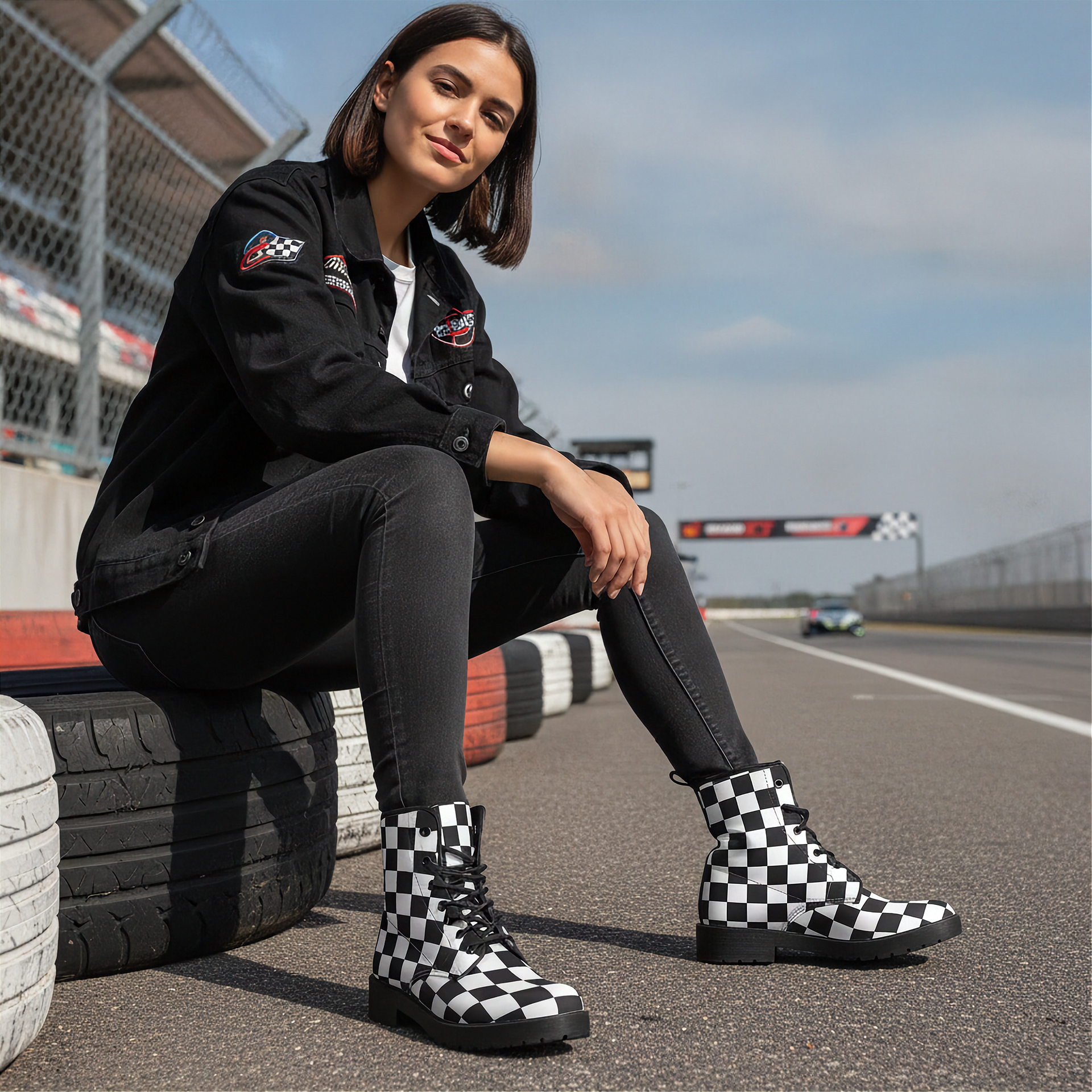 Woman sitting on a race track with checkered boots, wearing a black jacket with logos.
