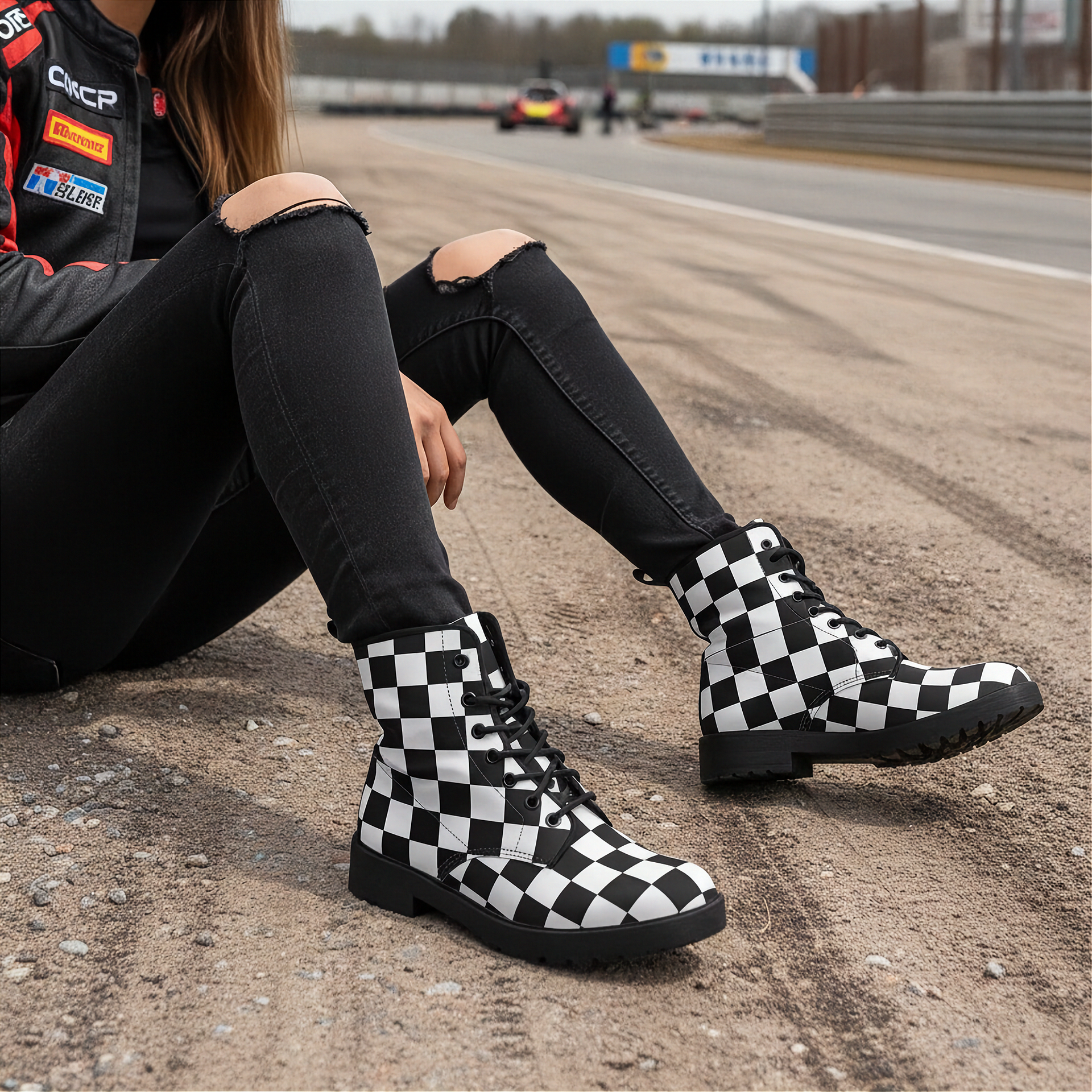 Woman wearing checkered boots sitting on a race track with racing cars in the background