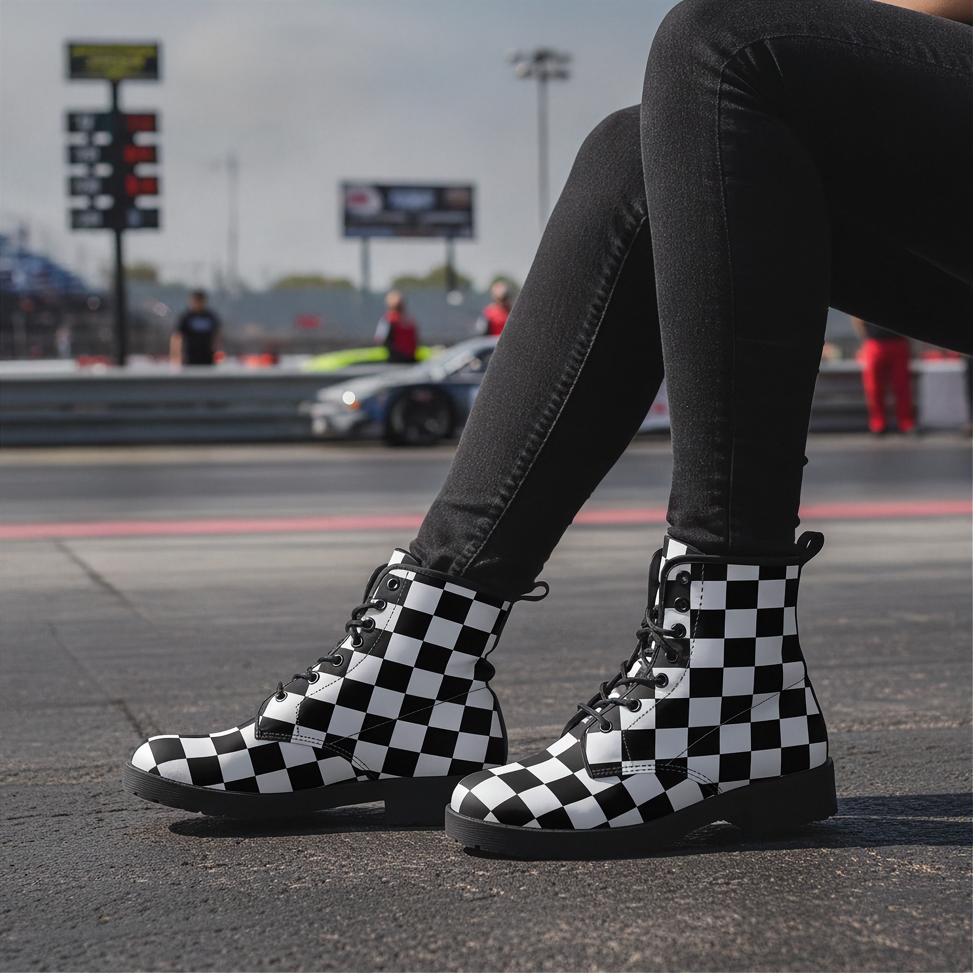 Person wearing checkered boots on a race track with cars and people in the background