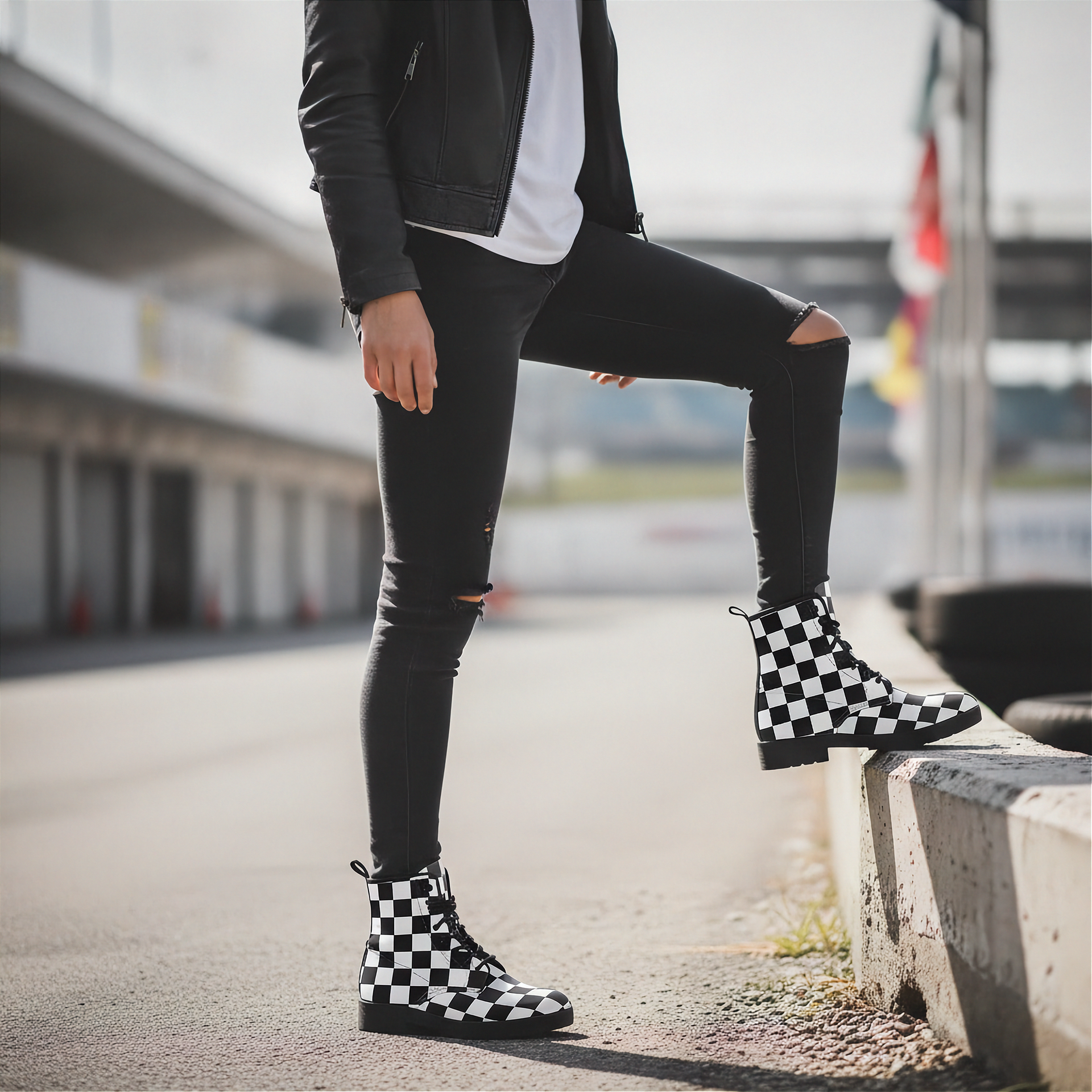 Person wearing black checkered boots on a road with blurred background