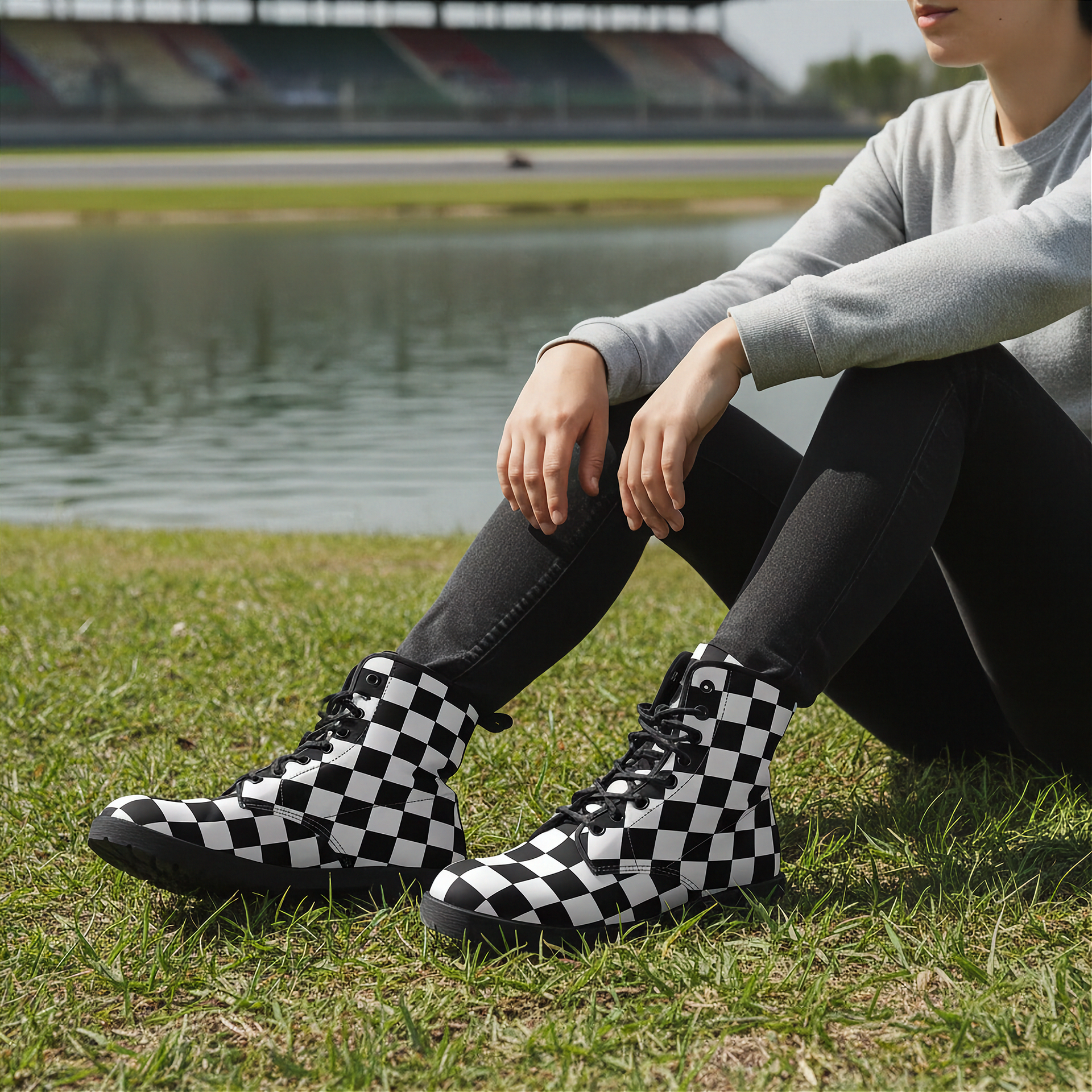 Woman wearing black and white checkered boots sitting on grass with a lake and stadium in the background