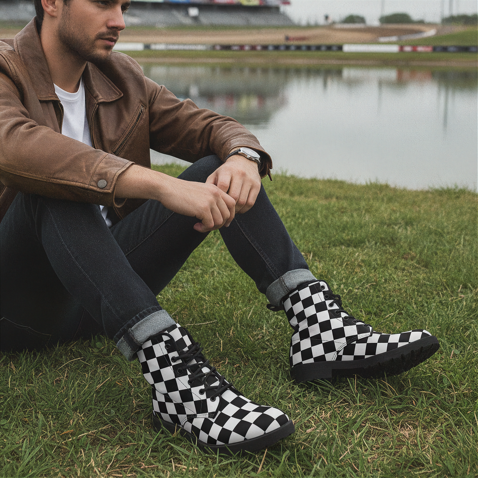 Man wearing checkered boots sitting on grass near a lake