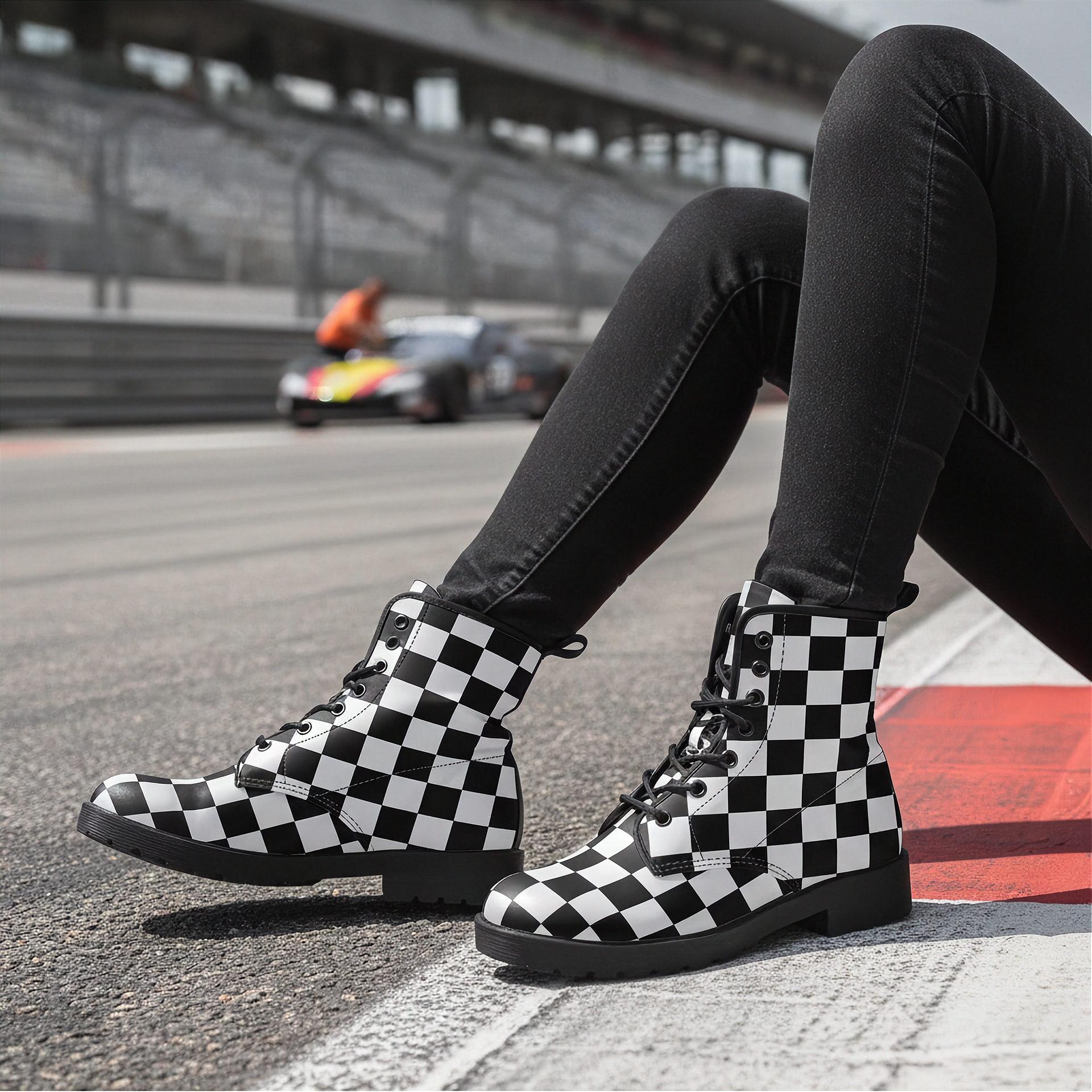 Person wearing checkered boots on a race track with a car in the background