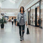 Woman walking in a shopping mall holding bags and wearing checkered boots