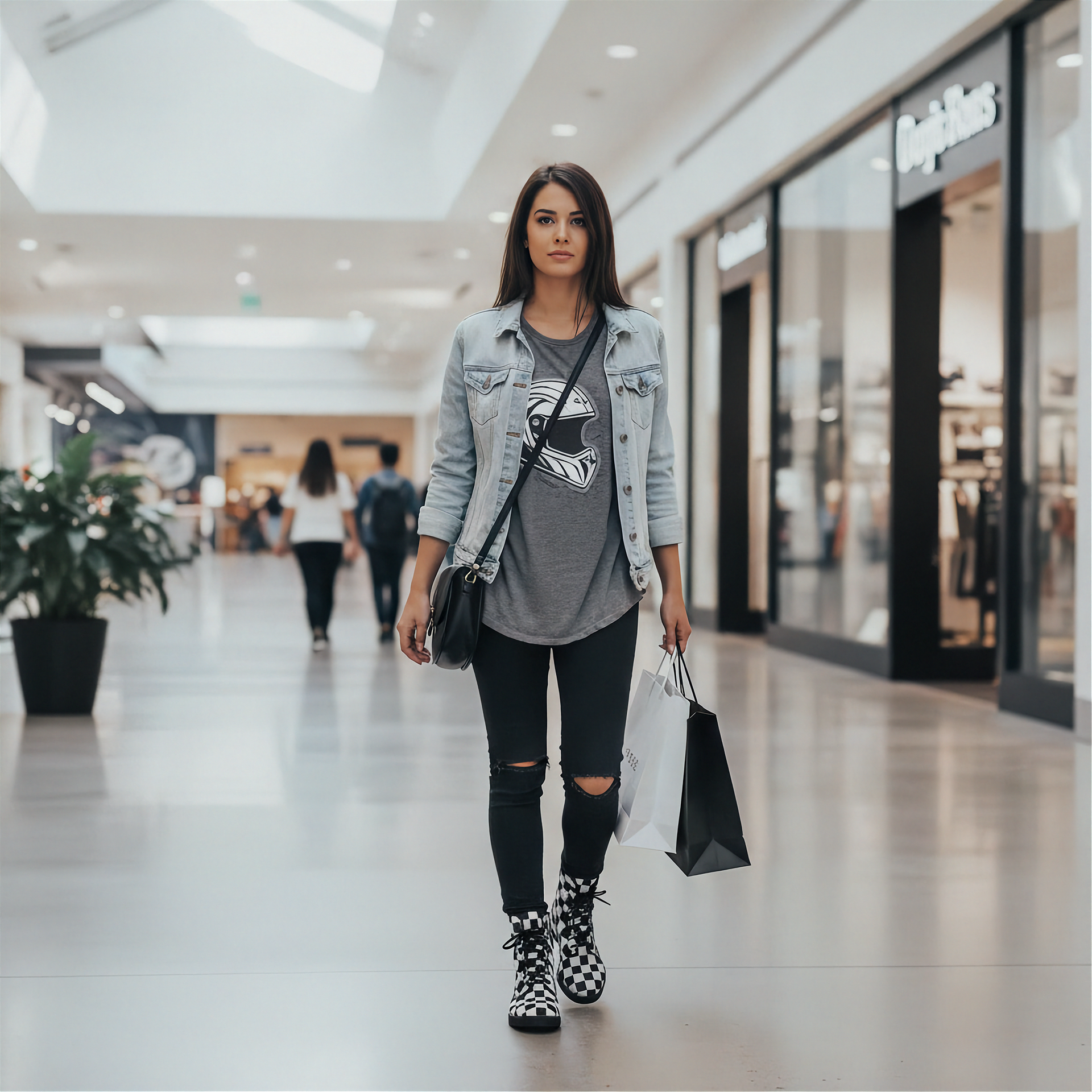 Woman walking in a shopping mall holding bags and wearing checkered boots