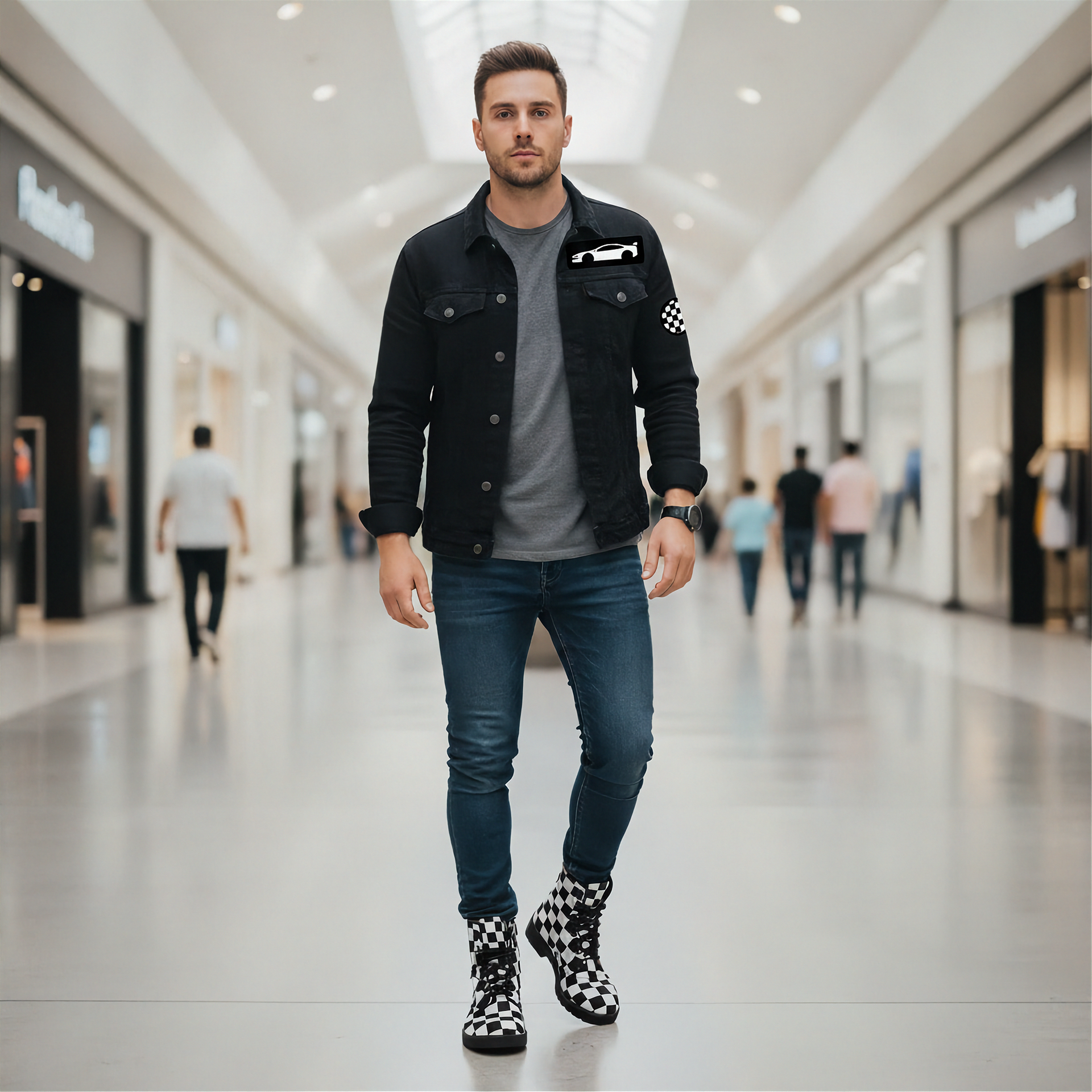Man walking in a modern mall wearing a black jacket, gray shirt, blue jeans, and checkered boots.