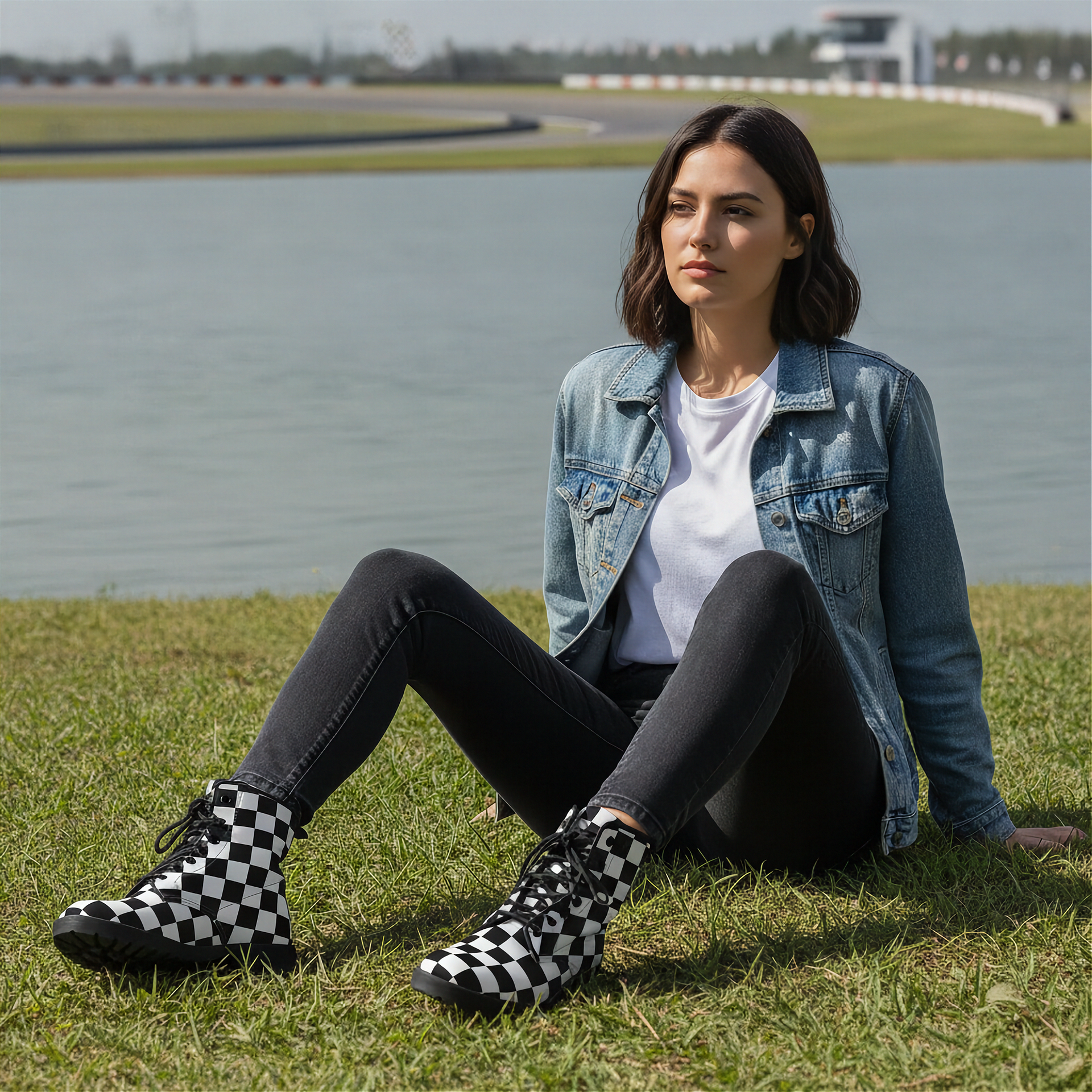 Woman sitting on grass by a water body wearing checkered boots, denim jacket, and black pants.
