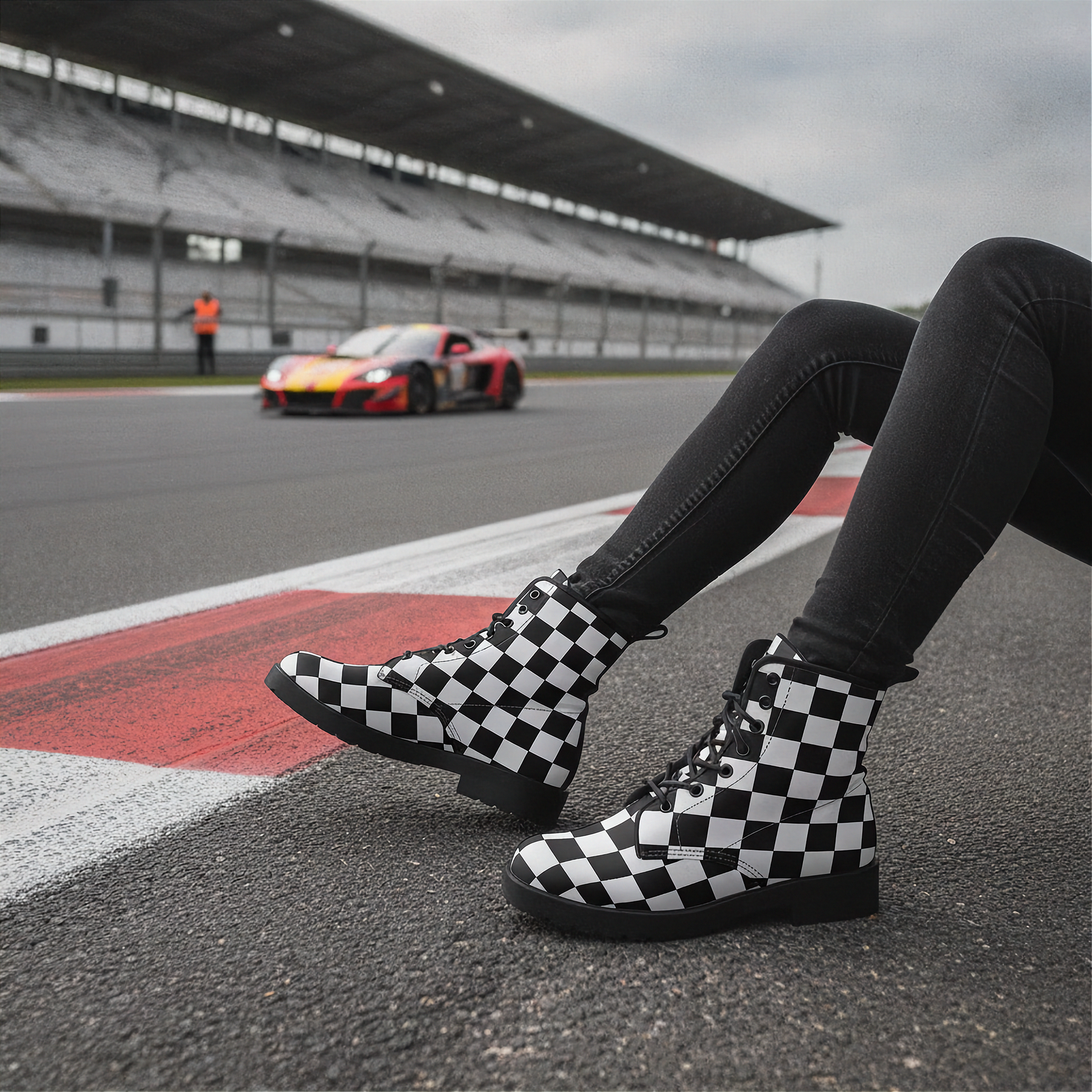 Person wearing checkered boots on a race track with a car in the background