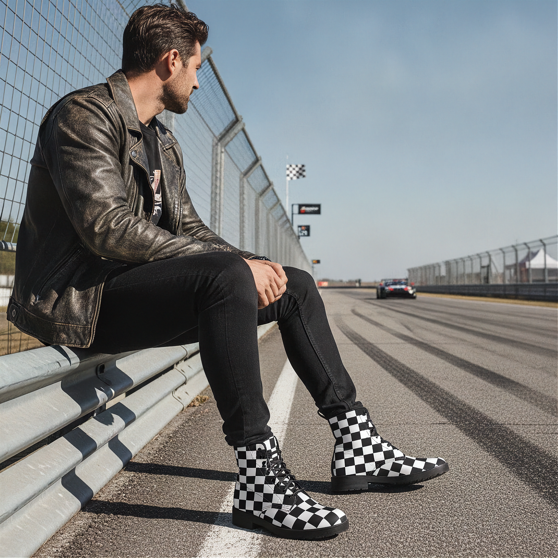 Man sitting on a race track wearing checkered boots