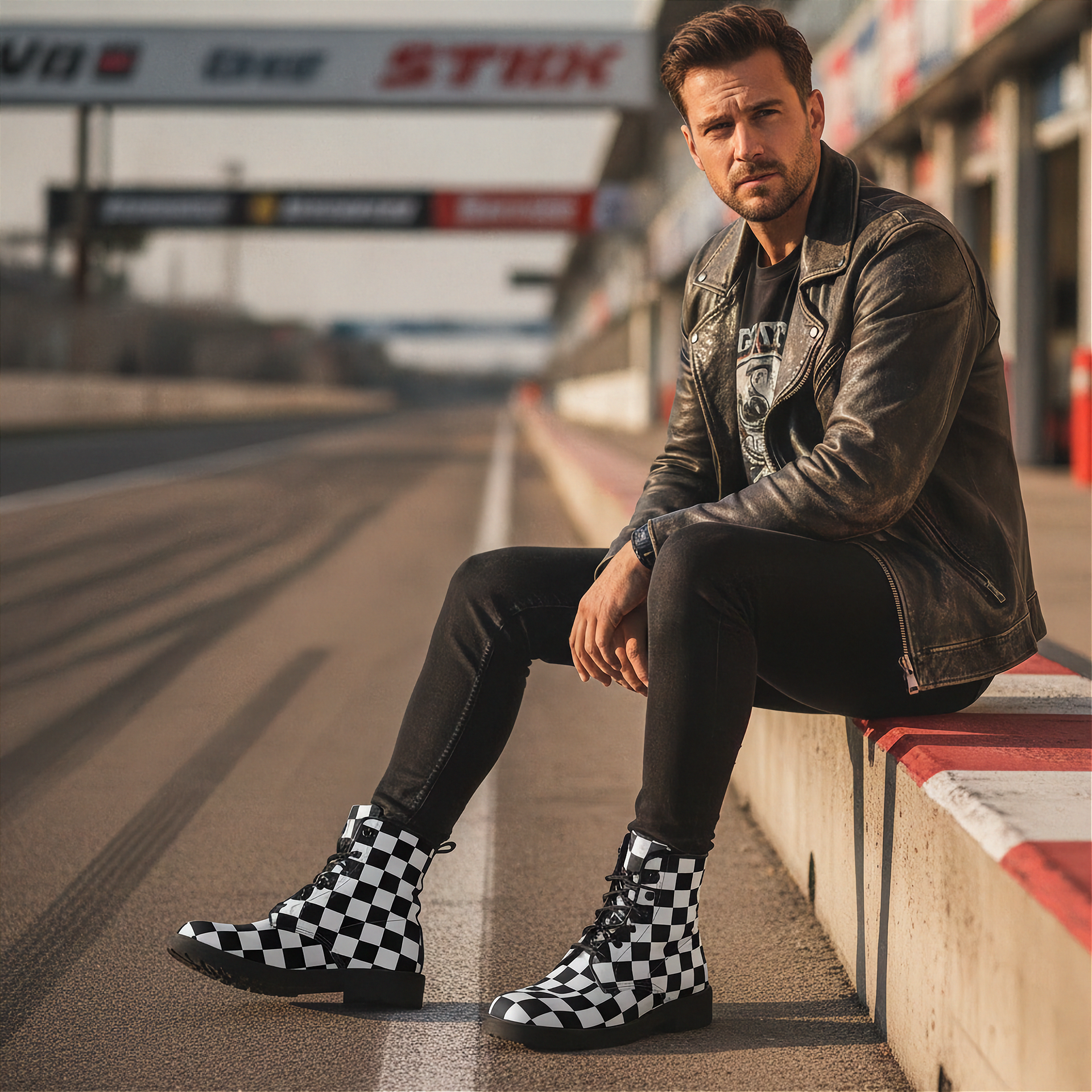 Man sitting on a race track wearing checkered boots and a leather jacket.