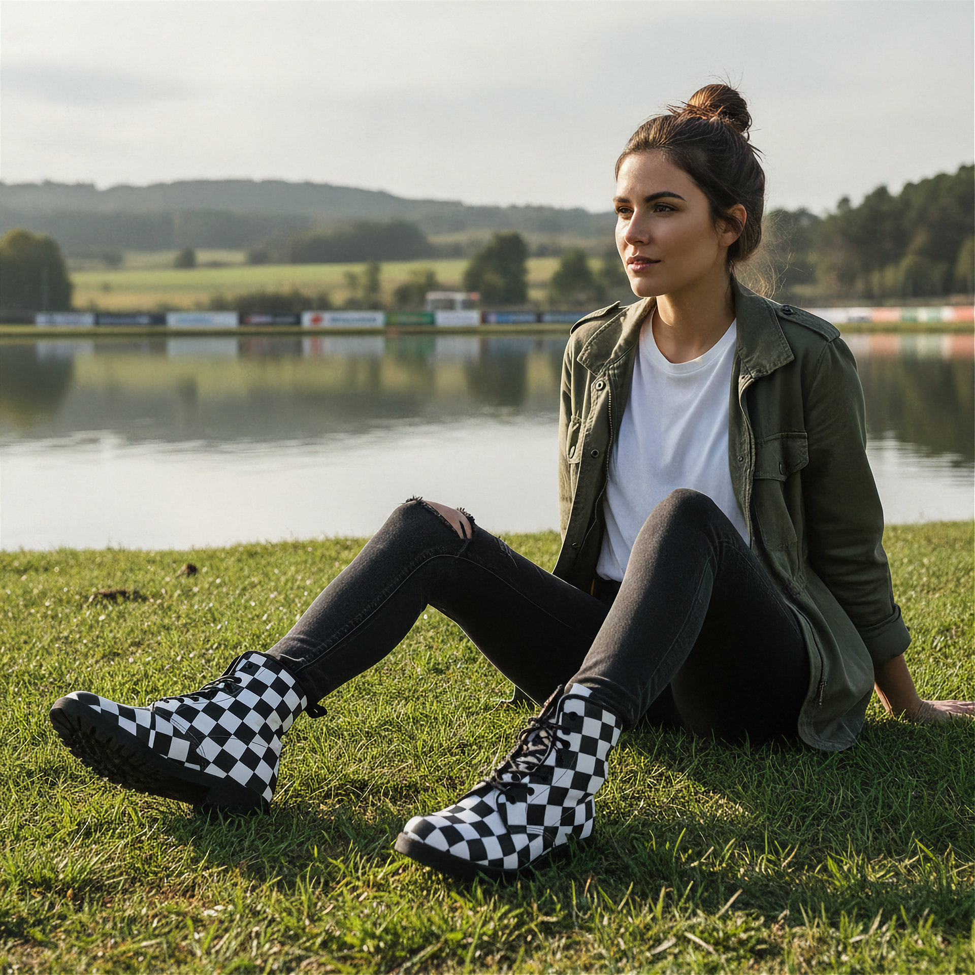 Woman sitting on grass by a lake wearing checkered boots.