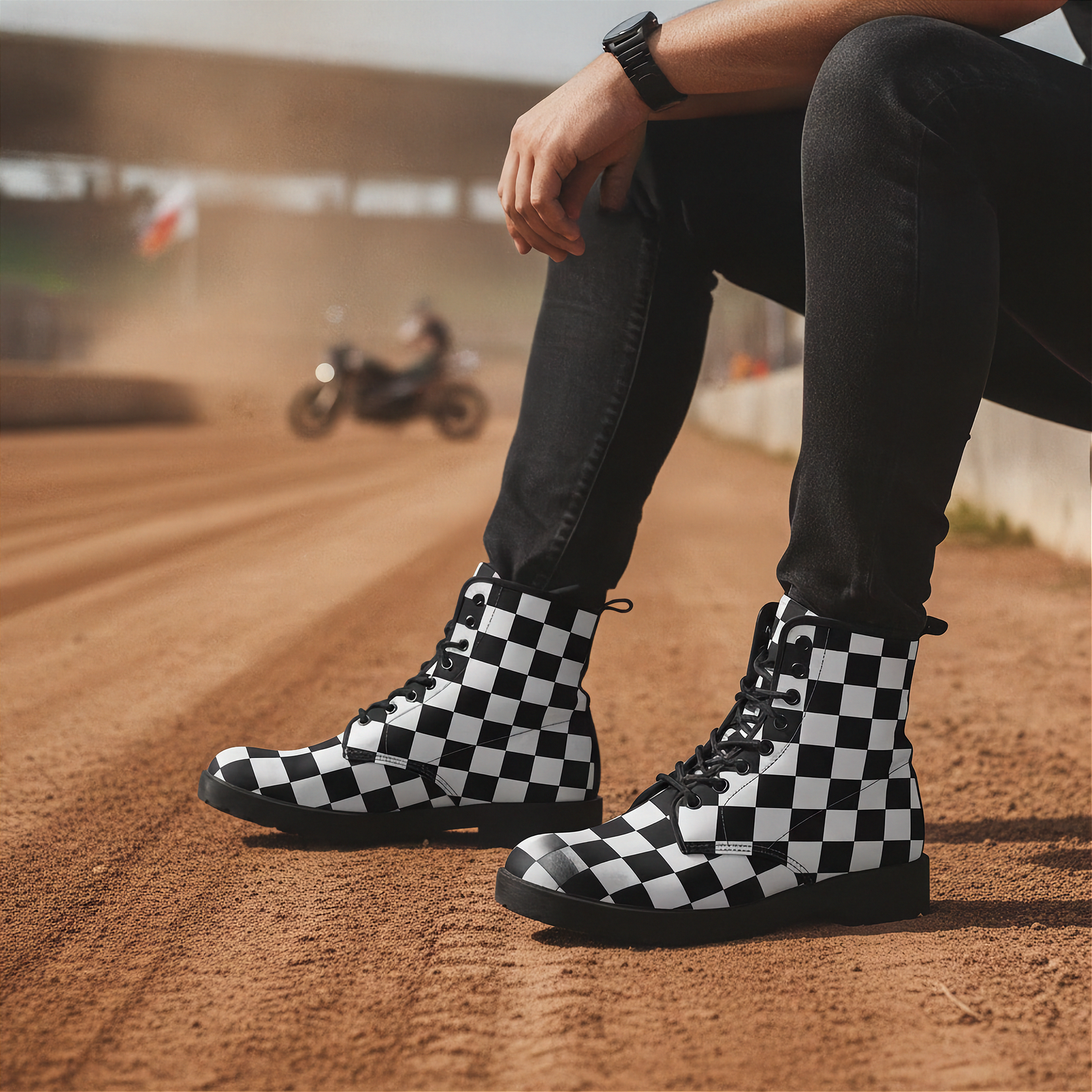 Person wearing checkered boots on a dirt track with a motorcycle in the background