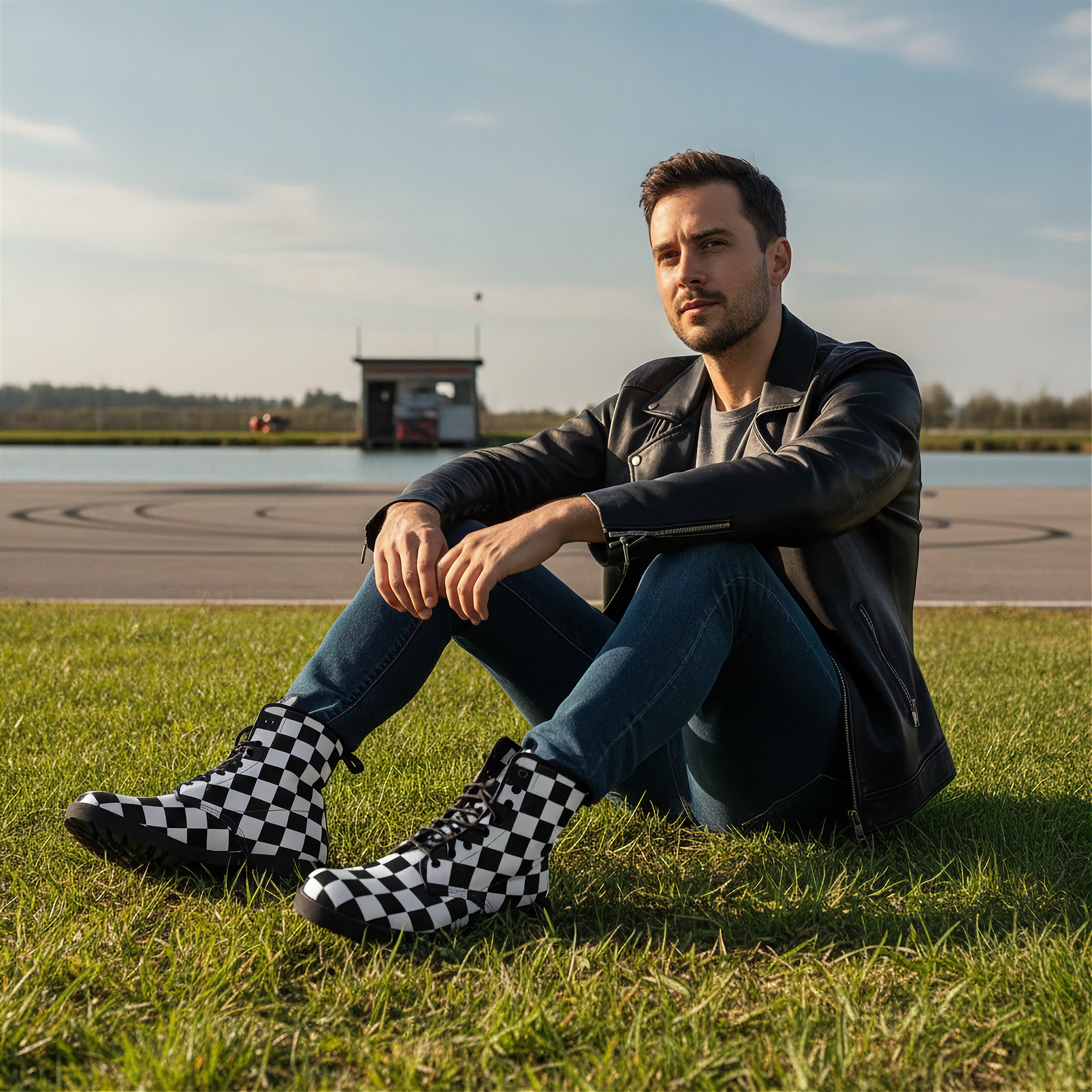Man sitting on grass wearing checkered boots with a race track in the background