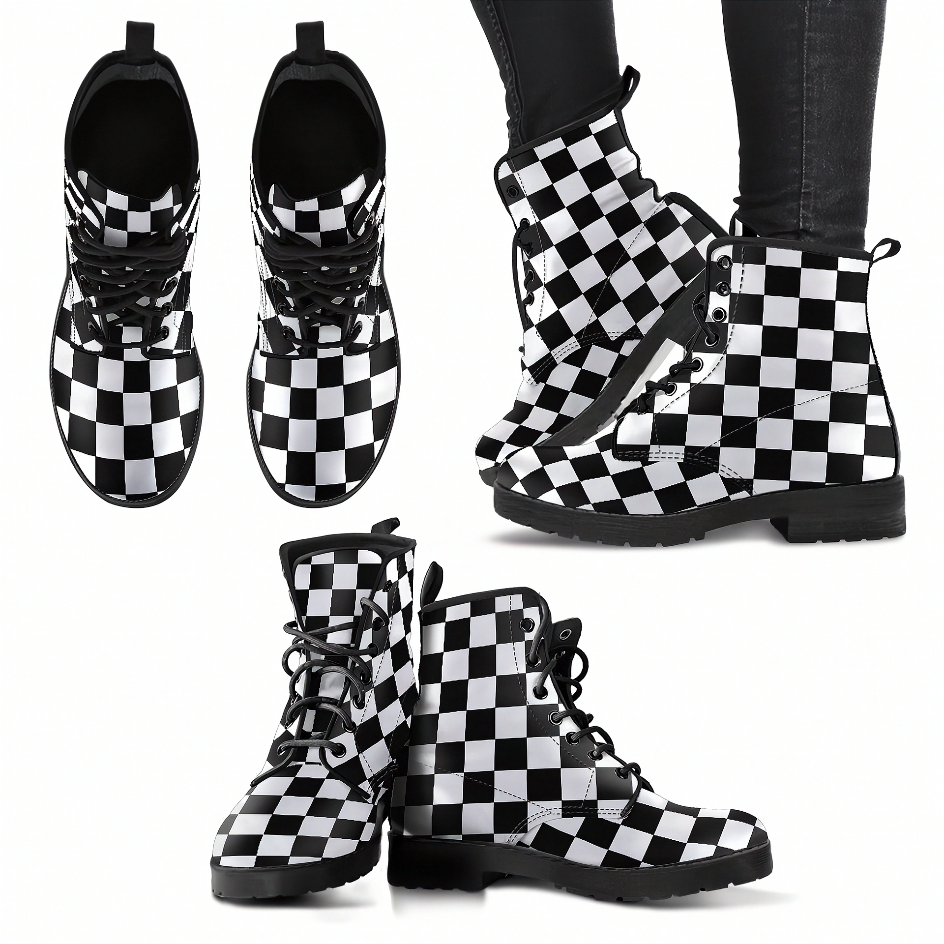 Black and white checkered boots on a white background