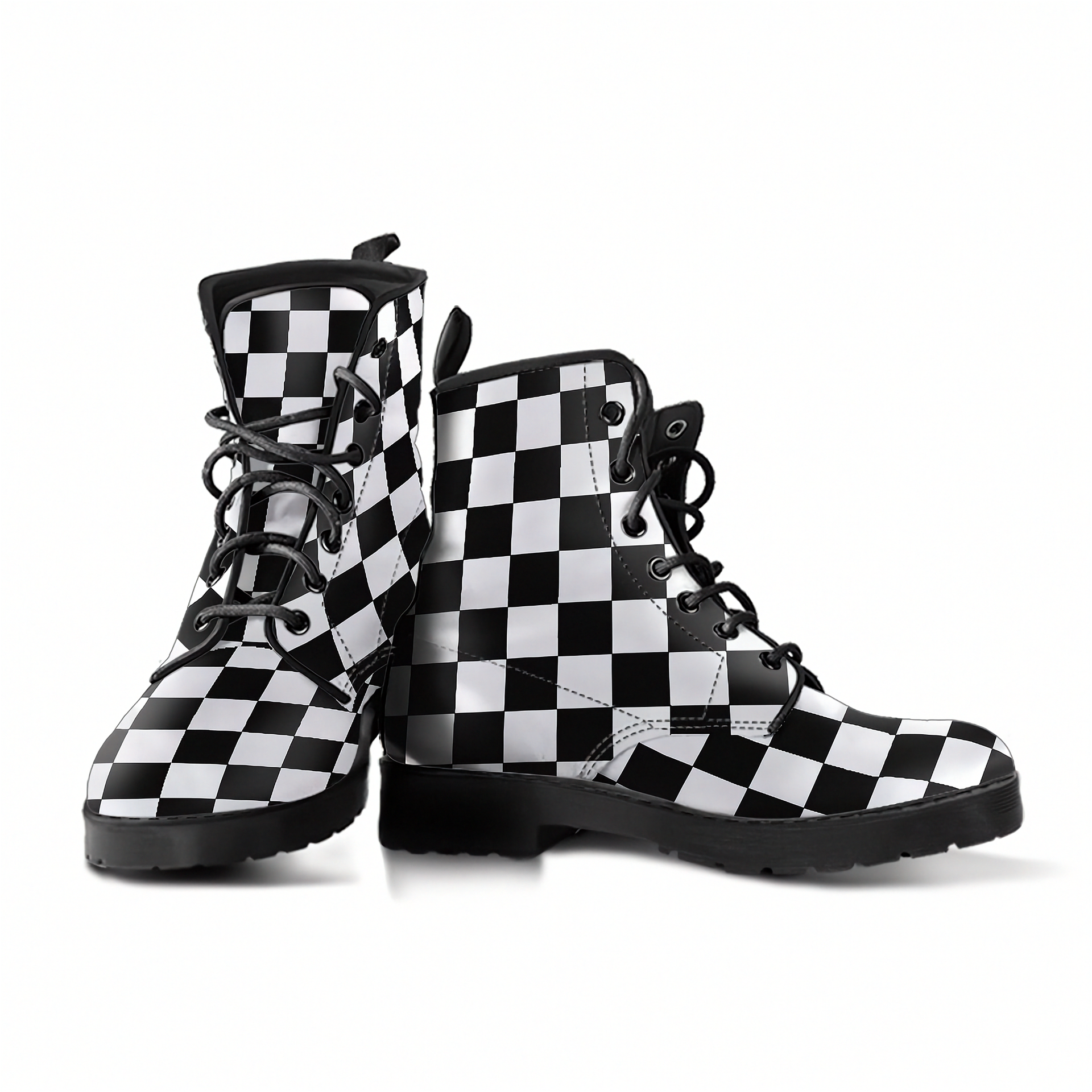Black and white checkered boots on a white background