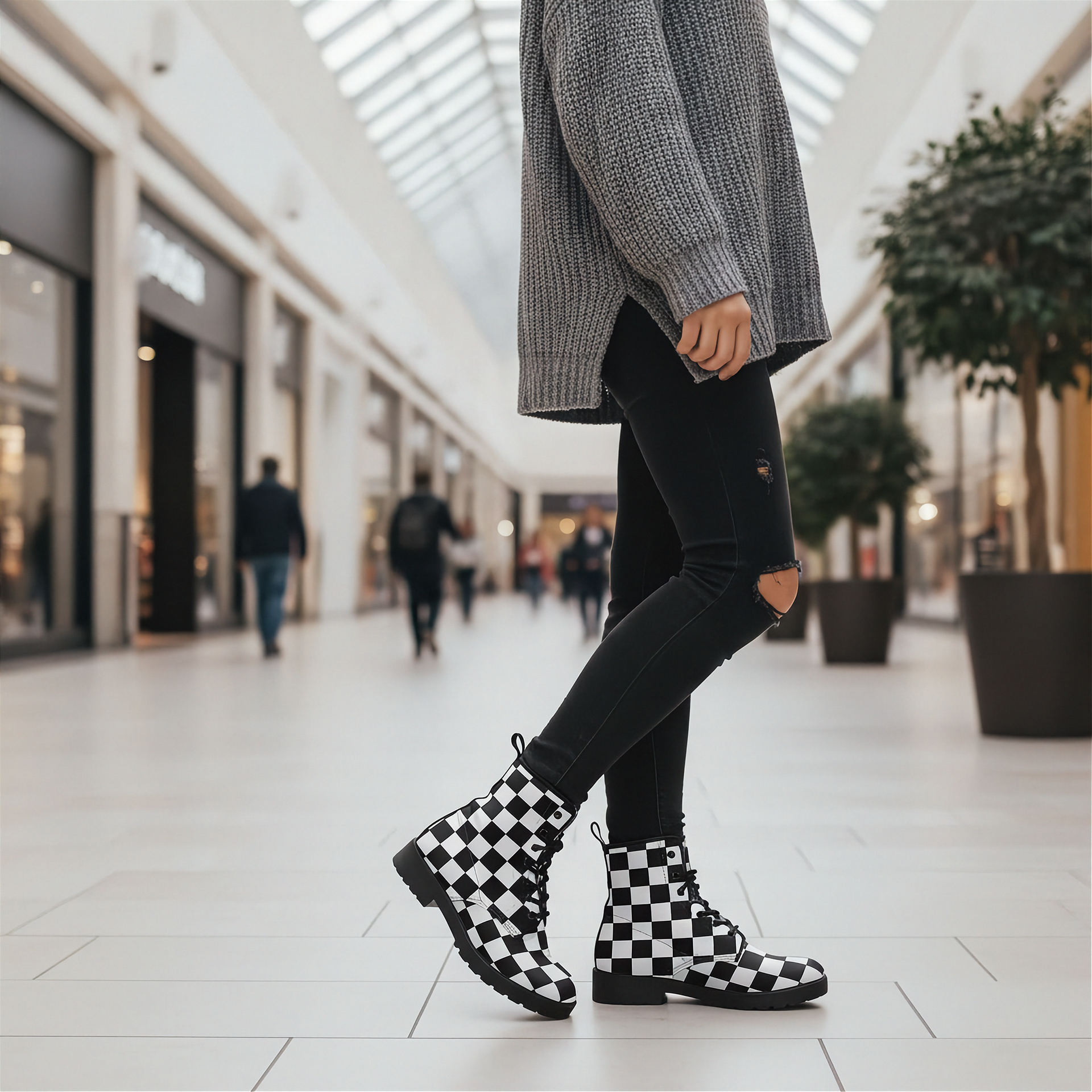 Person wearing black checkered boots in a mall setting