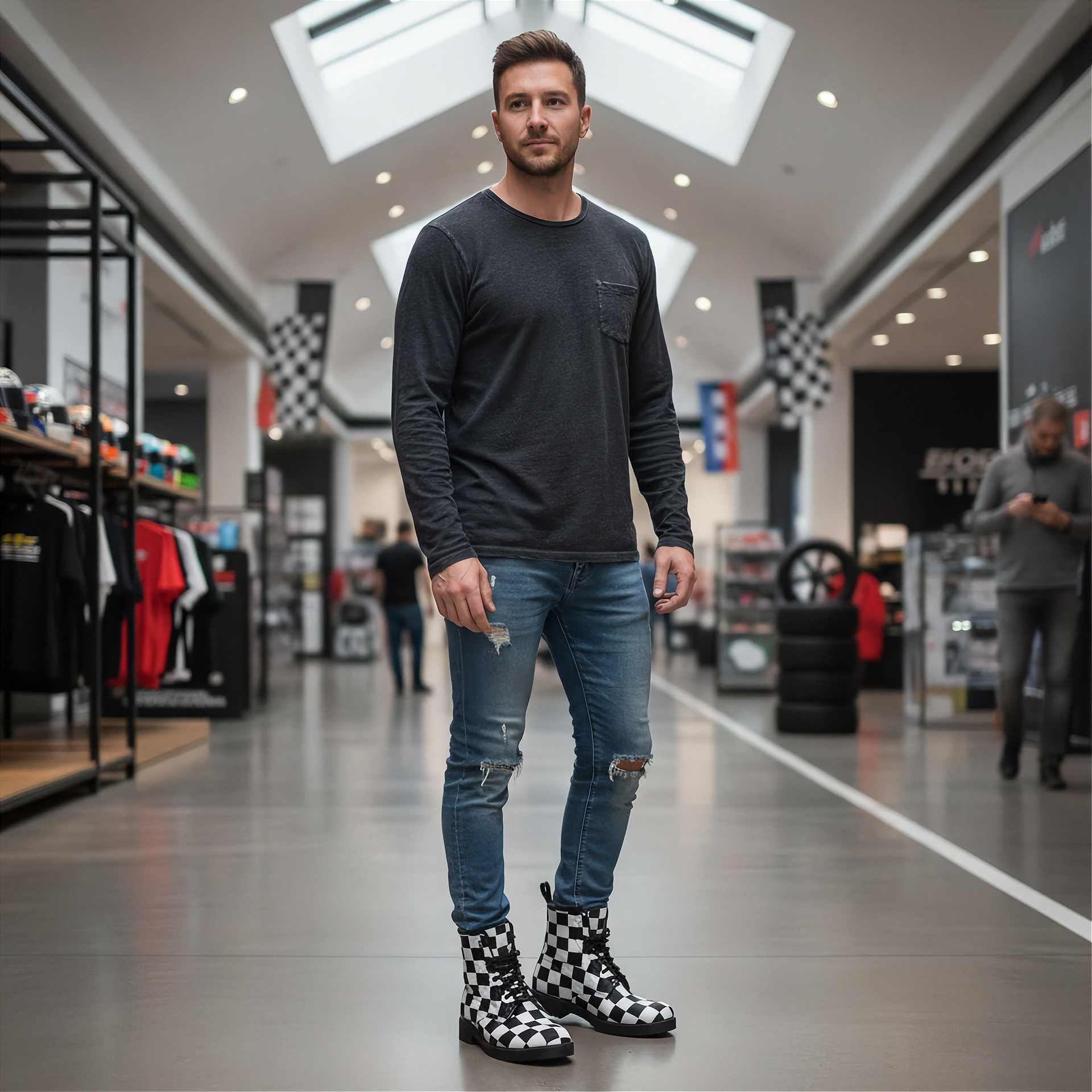 Man wearing a black long-sleeve shirt, blue jeans, and checkered boots in a store.