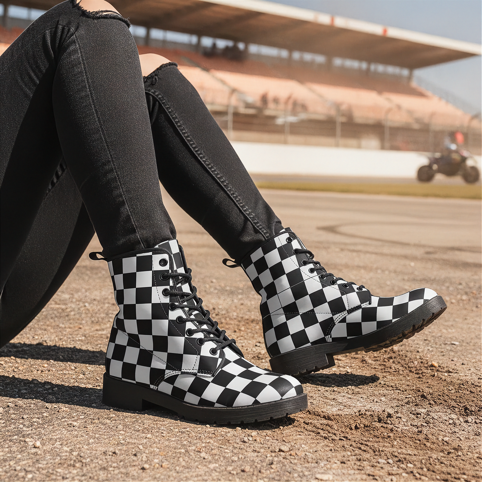 Woman wearing checkered boots sitting on a track with a blurred background