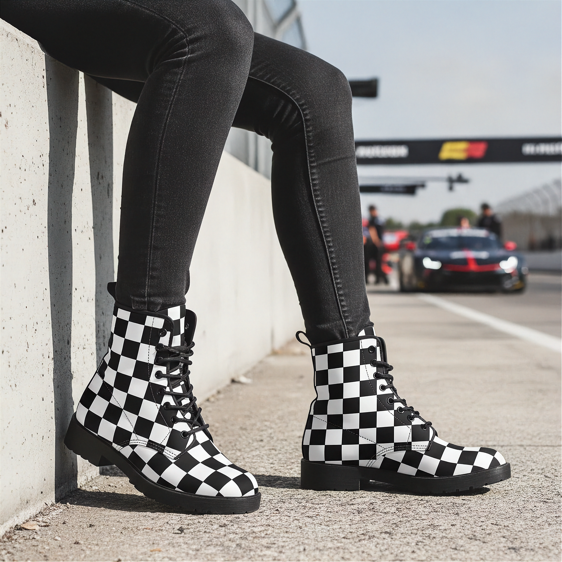 Person wearing checkered boots on a race track with cars in the background