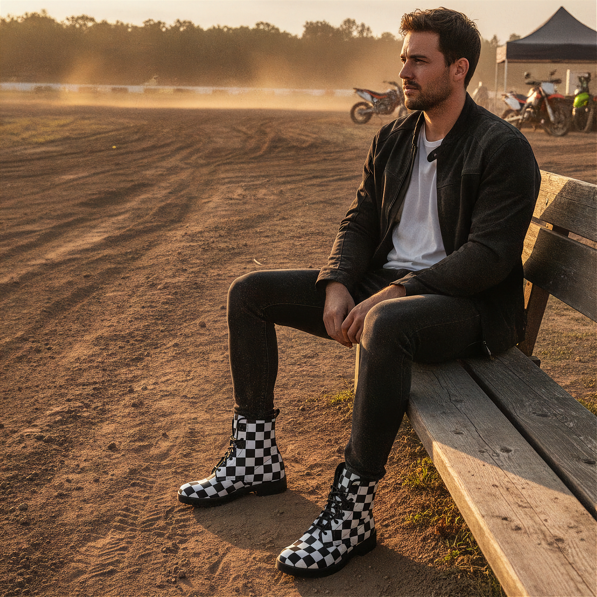 Man sitting on a wooden bench at a dirt track with motorcycles in the background and wearing checkered boots