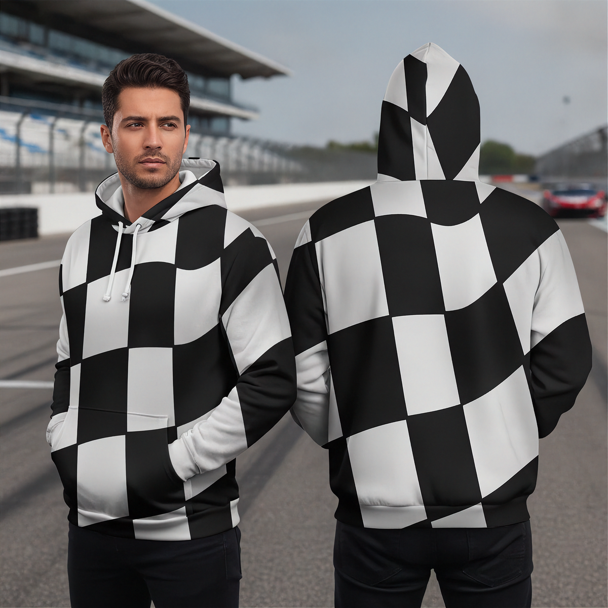 A man modeling a black and white checkered hoodie in front of a racetrack, shown from both the front and back views.